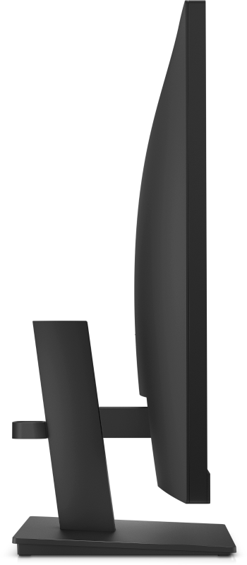 Ein schwarzer Computermonitor mit Ständer wird im Profil gezeigt. Der Monitor ist rechteckig, der Ständer hat eine Basis und einen Stützarm.