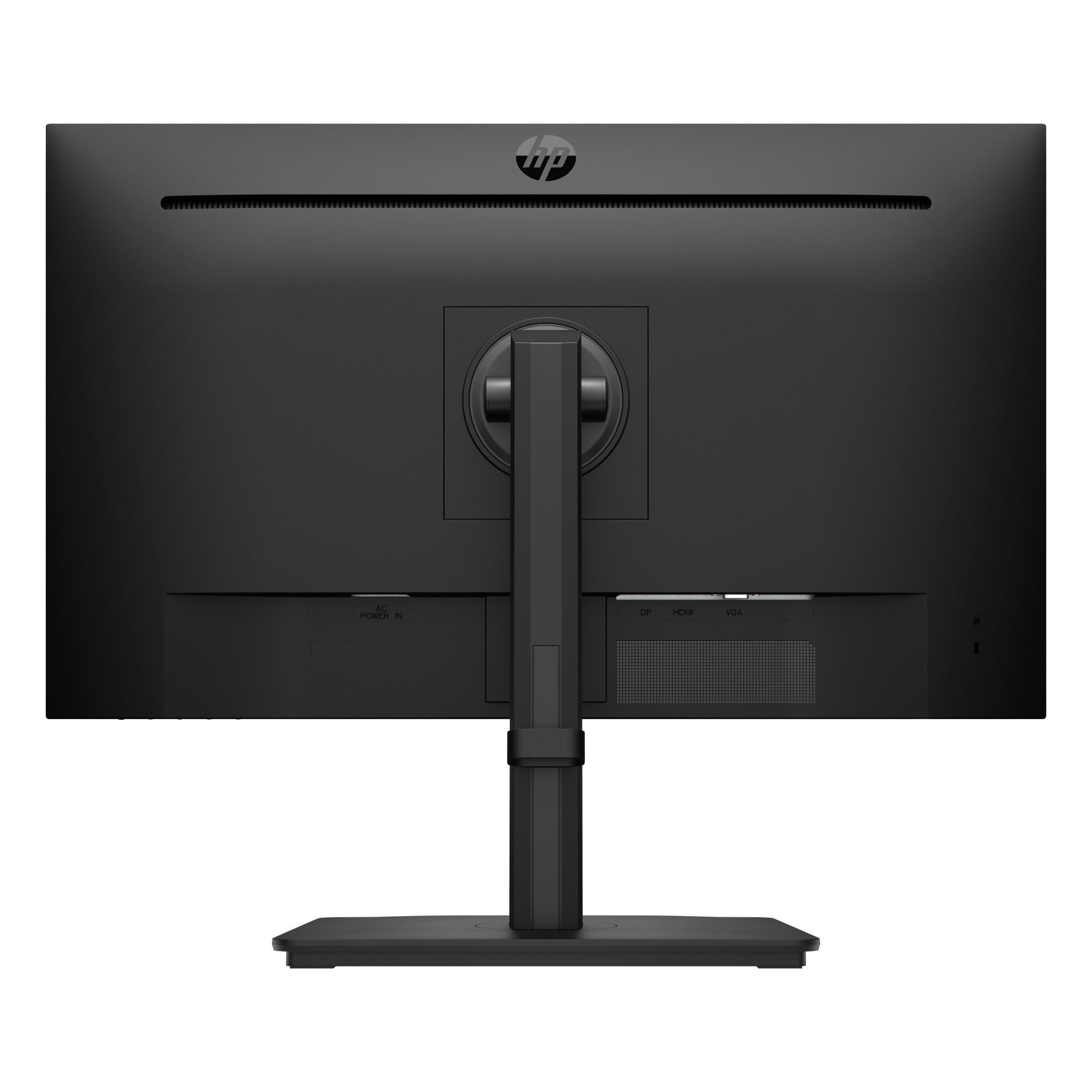 Rückansicht eines schwarzen HP-Monitors. Merkmale sind ein Ständer, Anschlüsse für Strom, DP, HDMI und VGA sowie das HP-Logo.