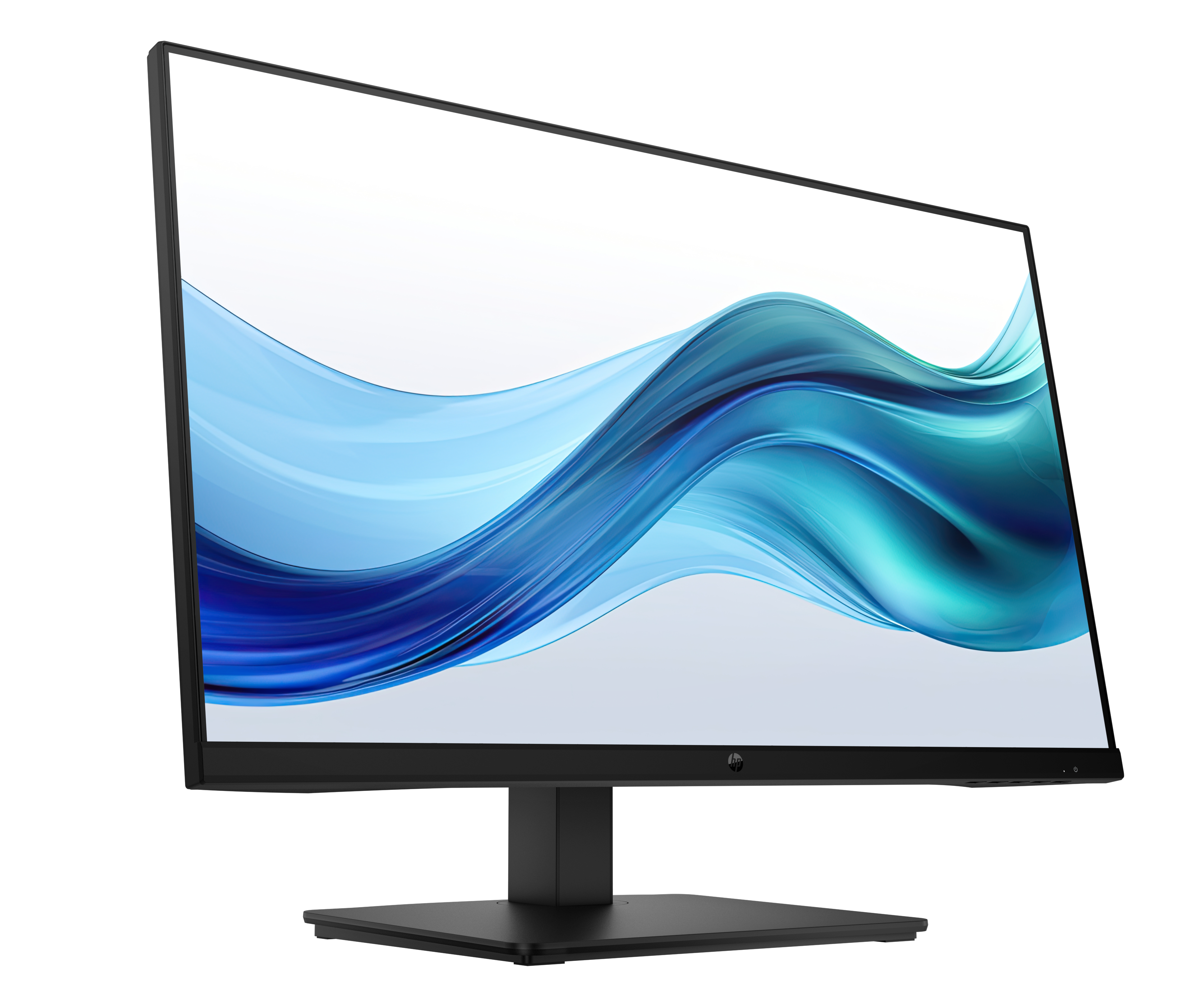 Ein schwarzer Computermonitor zeigt blaue und weiße abstrakte Wellen auf schwarzem Hintergrund. Ein HP-Logo ist sichtbar.
