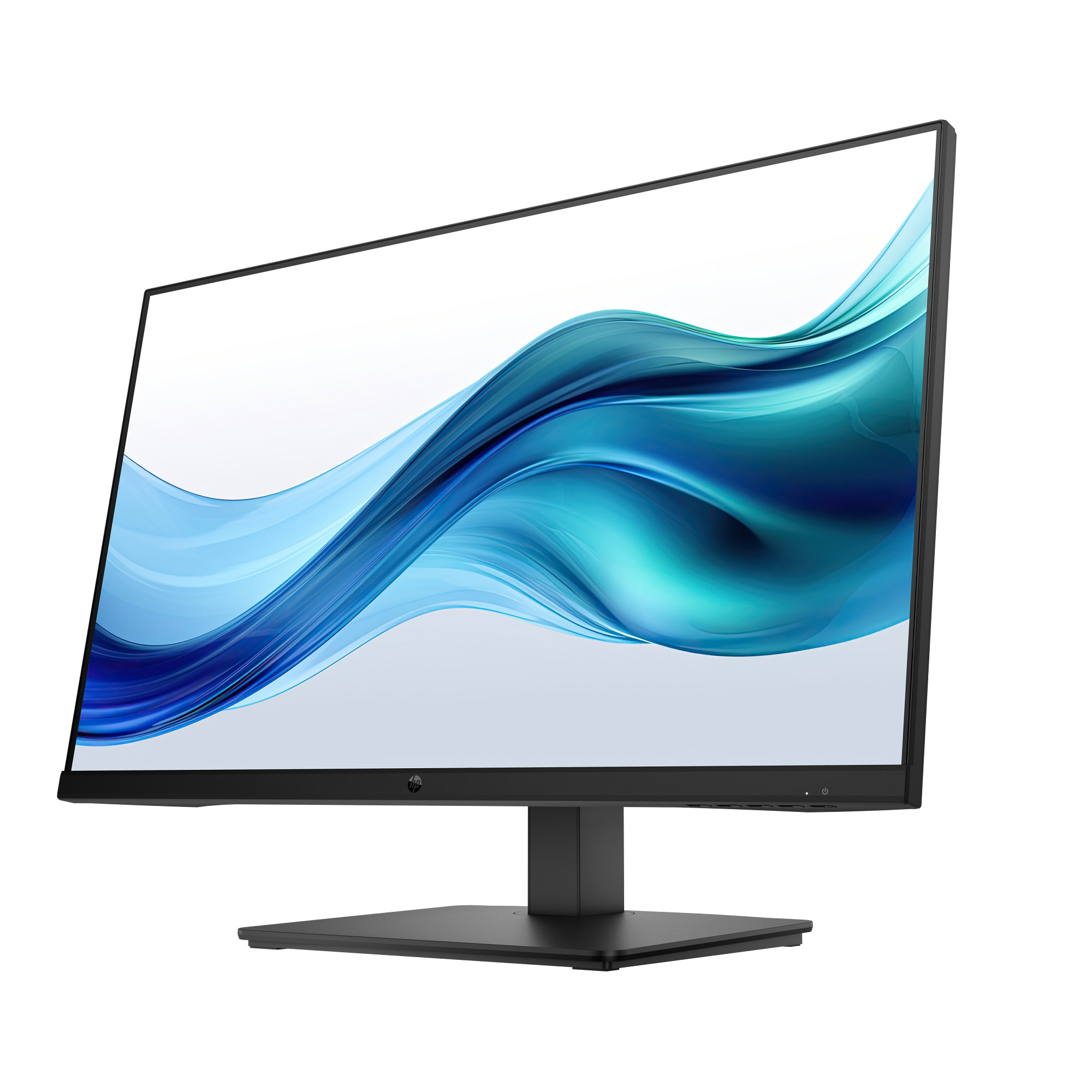 Schwarzer HP-Monitor, nach rechts abgewinkelt, zeigt blaue und türkisfarbene fließende Grafik auf weißem Hintergrund. Rechteckiger Sockel und Ständer.