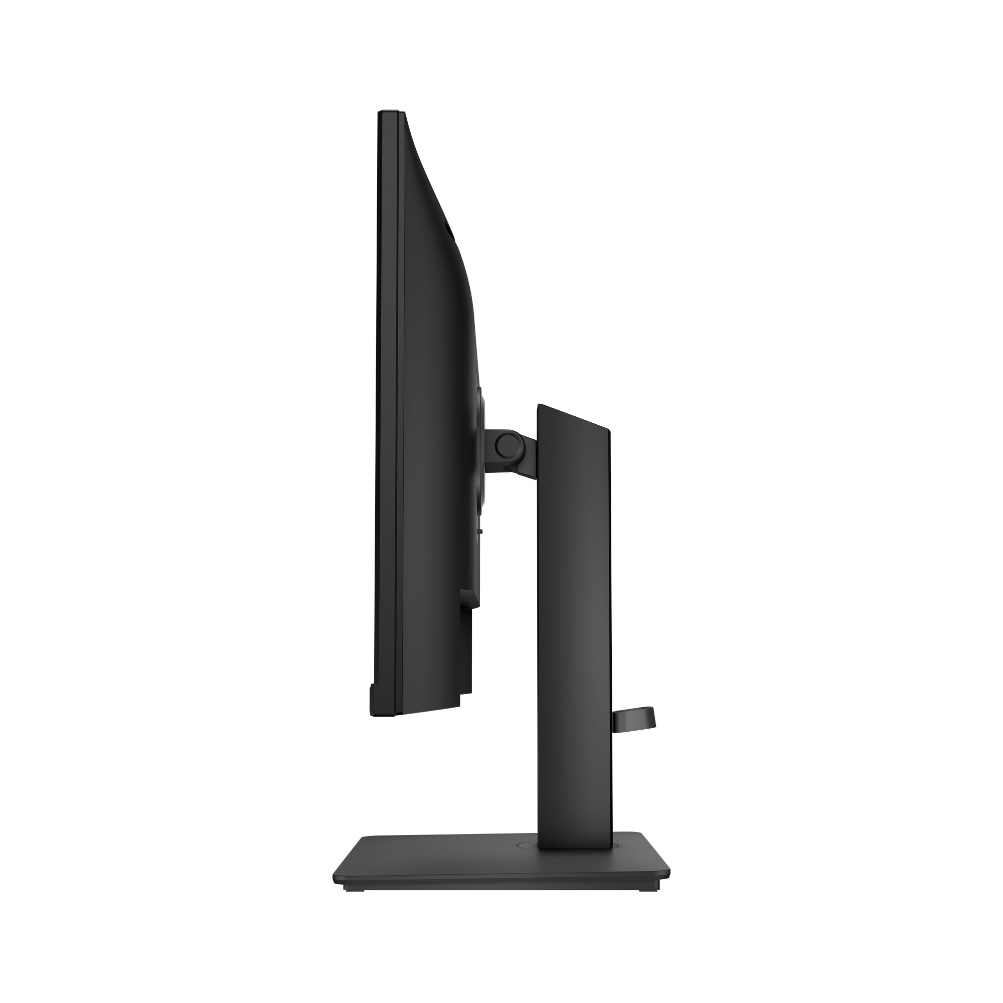 Seitenansicht eines schwarzen Computermonitors. Er hat einen rechteckigen Bildschirm, einen Ständer und einen Tragarm.