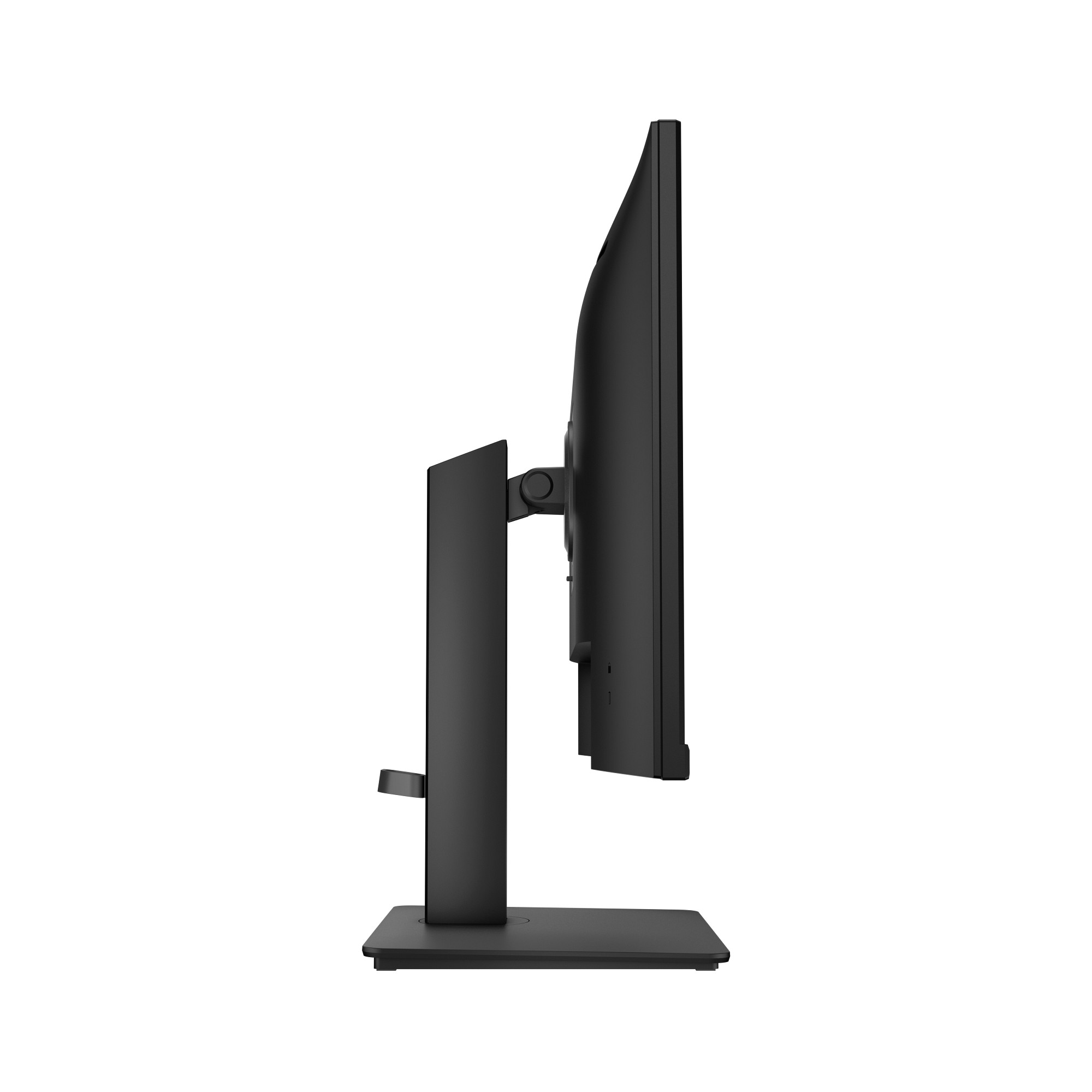 Seitenansicht eines schwarzen Computermonitors, der Bildschirm, Ständer und Basis zeigt. Der Hintergrund ist weiß.
