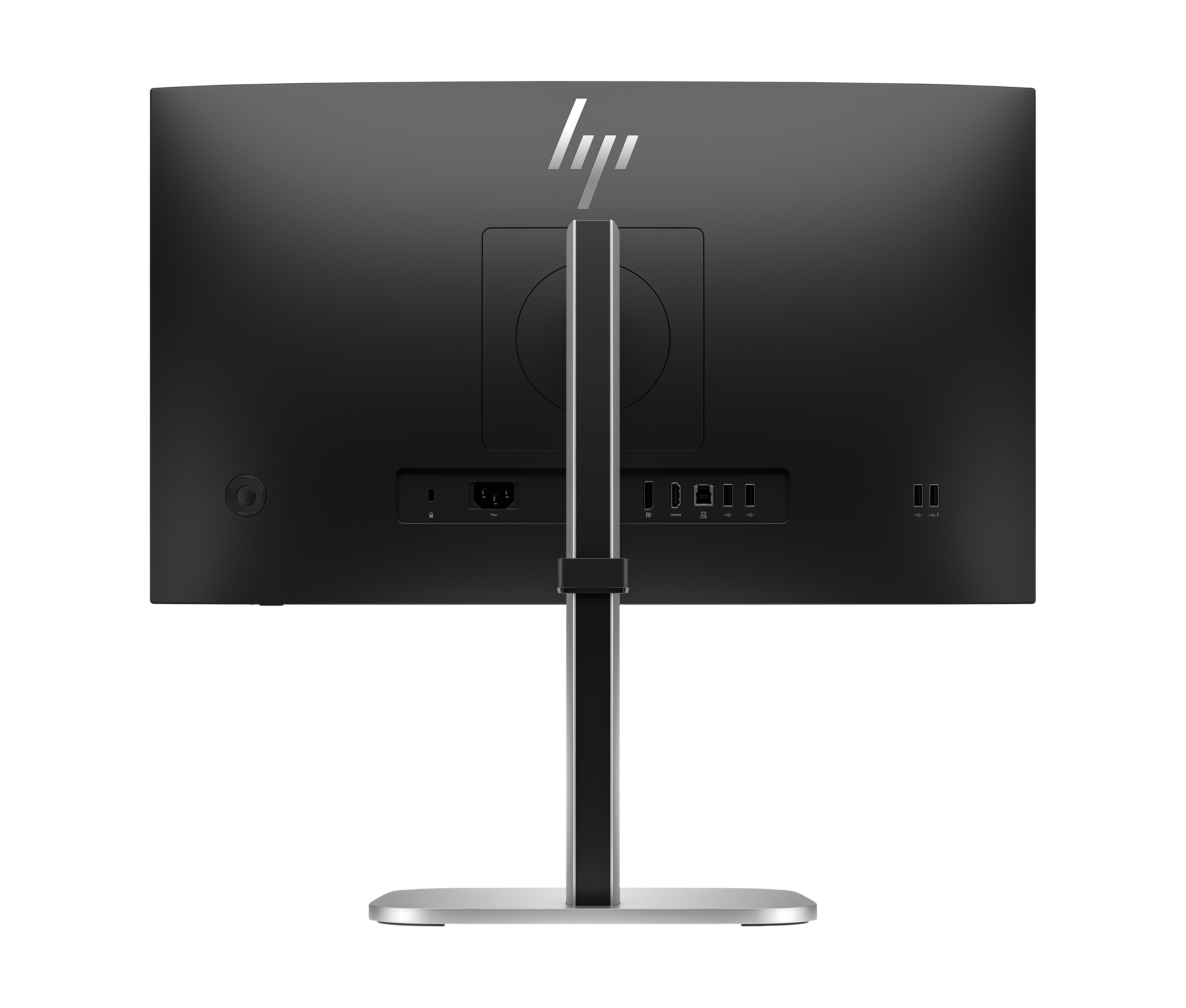 Rückansicht eines schwarzen HP-Monitors mit silbernem Ständer, Anschlüssen und Stromanschluss. Oben befindet sich das HP-Logo.