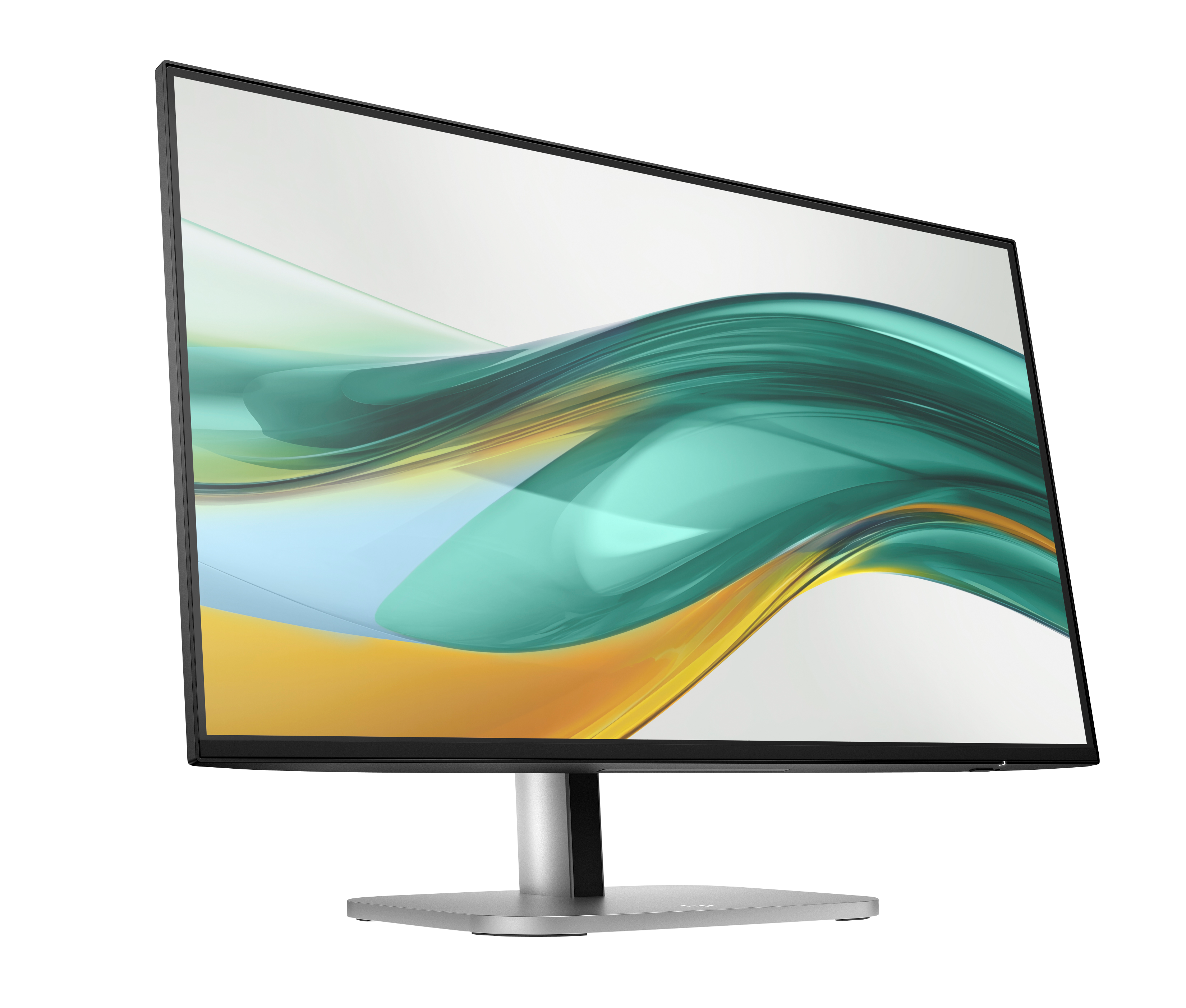 Ein Computermonitor mit schwarzem Rahmen. Der Bildschirm zeigt abstrakte, fließende Formen in Grün-, Gelb- und Blautönen.