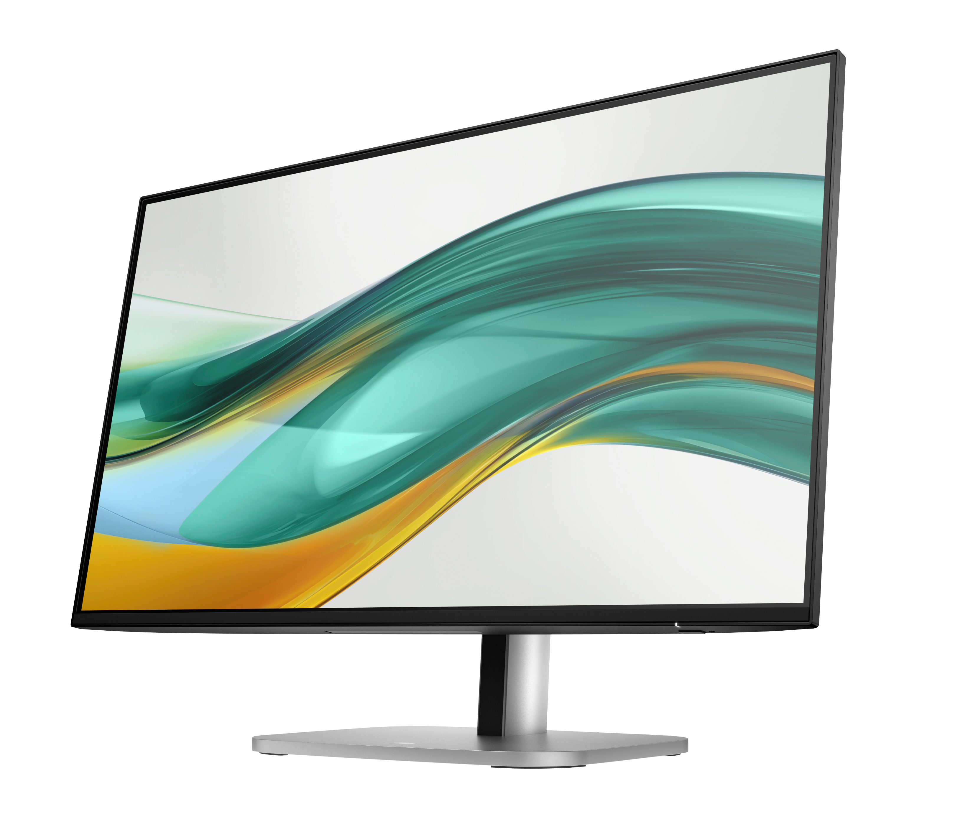 Ein gebogener Monitor zeigt ein farbenfrohes abstraktes Wellendesign. Der Monitor ist schwarz, der Ständer silbern, alles vor schwarzem Hintergrund.