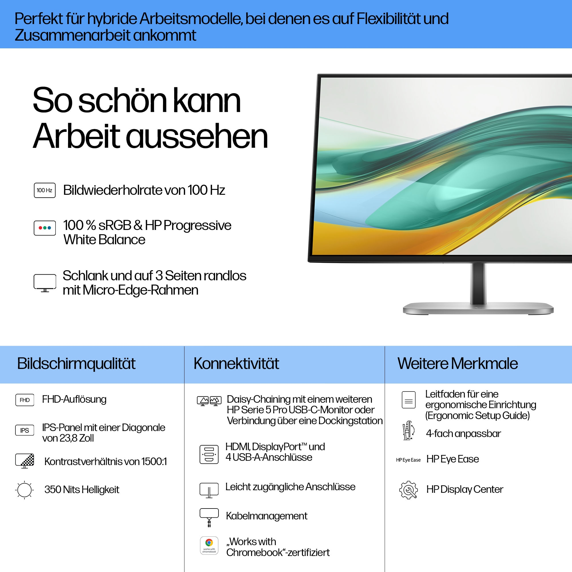 Ein Computermonitor mit schwarzem Rahmen auf einem Ständer. Der Bildschirm zeigt ein farbenfrohes abstraktes Bild. Text und Symbole sind ebenfalls vorhanden.