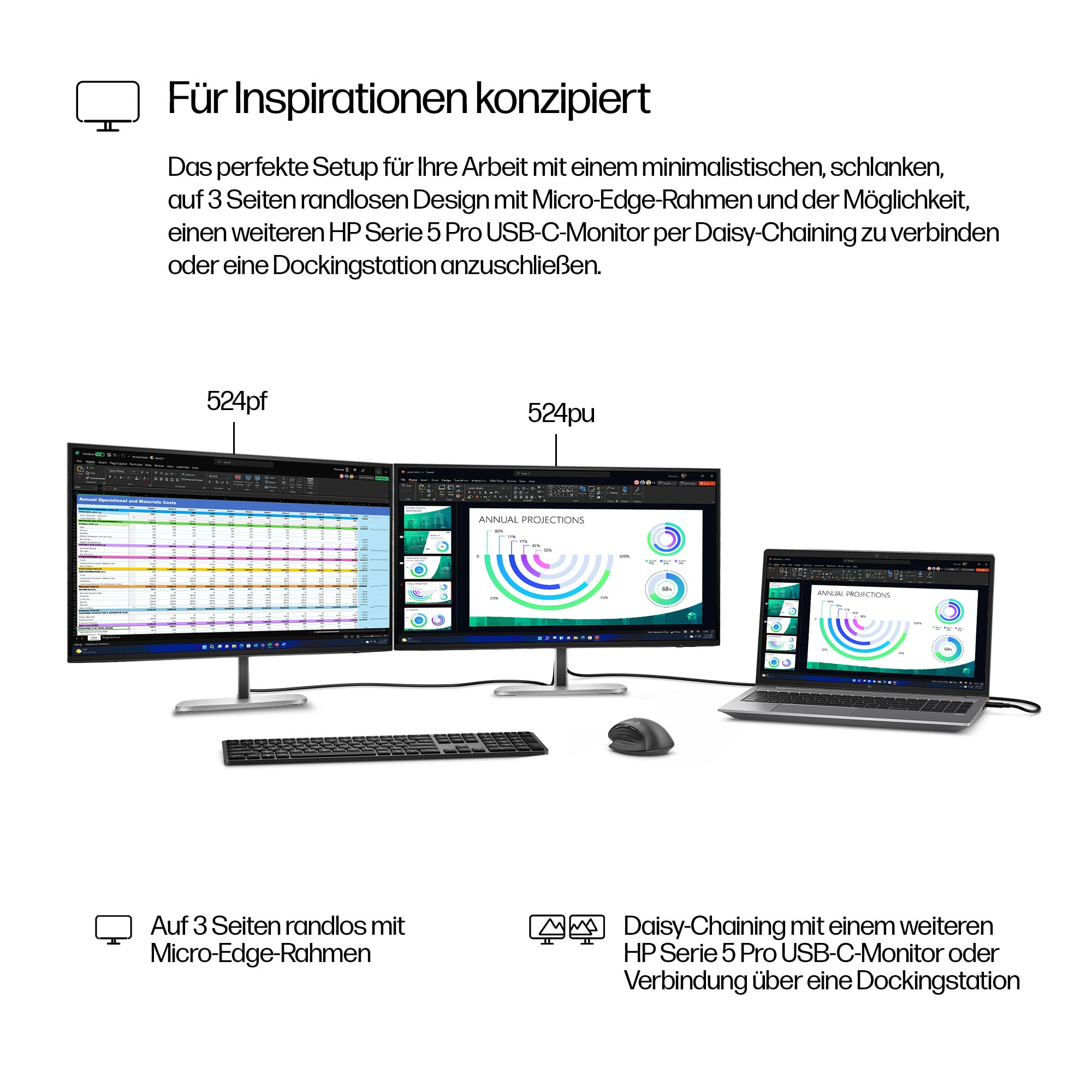 Setup mit drei Monitoren, die Daten anzeigen, einem Laptop, einer Tastatur und einer Maus. Texte auf Deutsch.