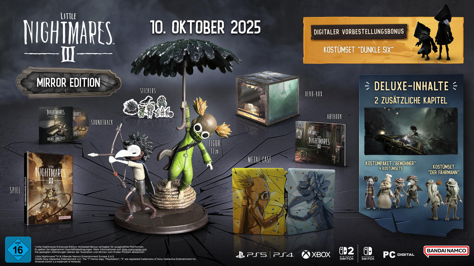 Werbebild für Little Nightmares III. Enthält Spielebox, Figur, Artbook, Sticker und Details zum digitalen Bonus. Veröffentlichungsdatum: 10. Oktober 2025.