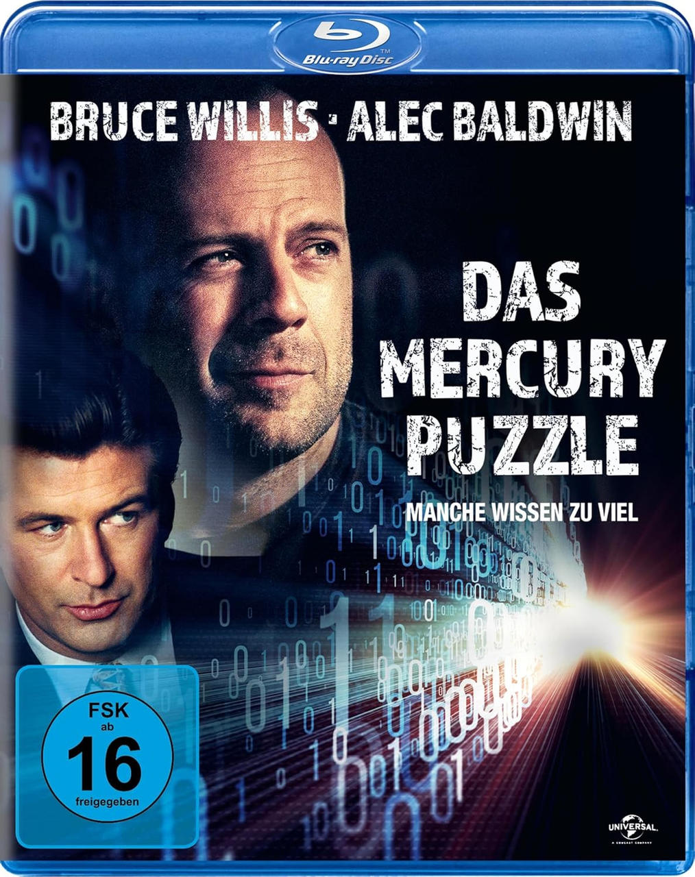 Blu-ray-Cover. Bruce Willis und Alec Baldwin sind zu sehen. Der Filmtitel 'Das Mercury Puzzle' wird mit Binärcode angezeigt.