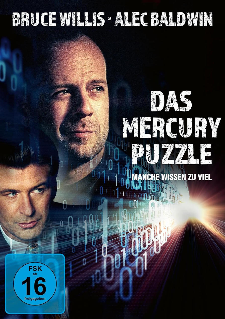 Filmplakat mit Bruce Willis und Alec Baldwin. Titel: Das Mercury Puzzle. Binärcode-Hintergrund mit einer 16+-Bewertung.