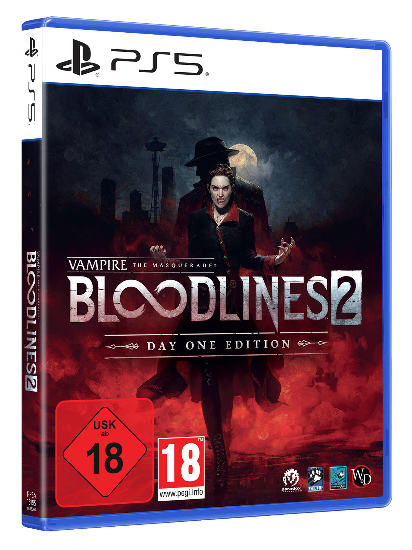 Spielcover für Vampire: The Masquerade - Bloodlines 2. Zeigt eine Vampirfrau, dunklen Hintergrund und das PS5-Logo.