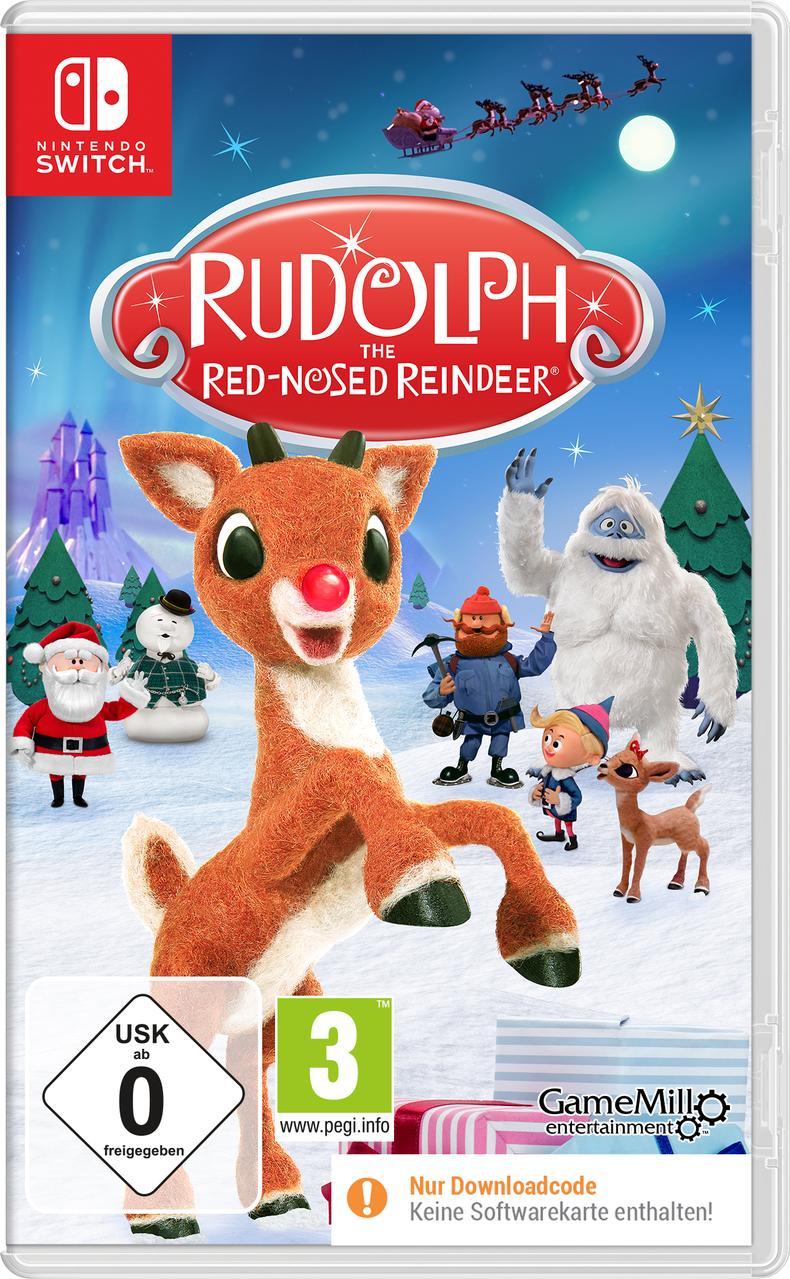 Spielbox-Cover für 'Rudolph the Red-Nosed Reindeer' auf Nintendo Switch. Mit Rudolph, Santa und anderen Figuren in einer Schneelandschaft.