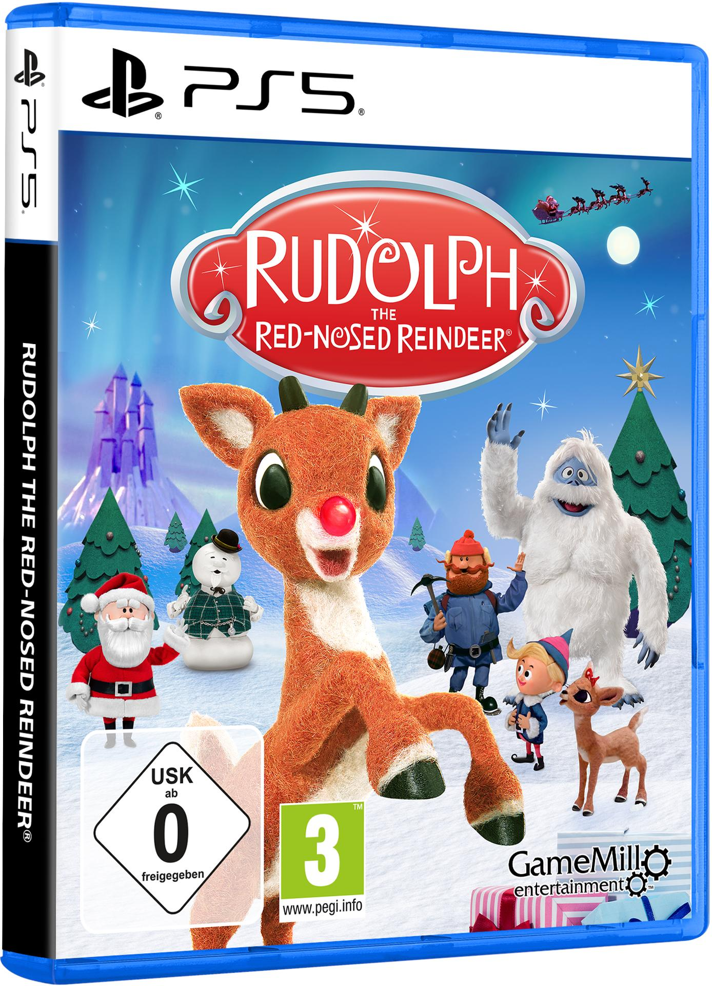 Eine PS5-Spielhülle für 'Rudolph the Red-Nosed Reindeer'. Es zeigt Rudolph, Santa, einen Schneemann, den Schneemenschen und andere Charaktere.