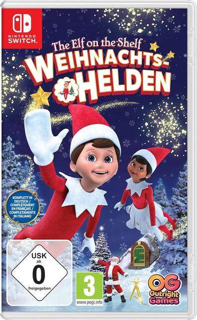 Spielcover mit zwei Elfen, einem Weihnachtsmann und dem Titel "The Elf on the Shelf". Schnee und Sterne verzieren den Hintergrund.