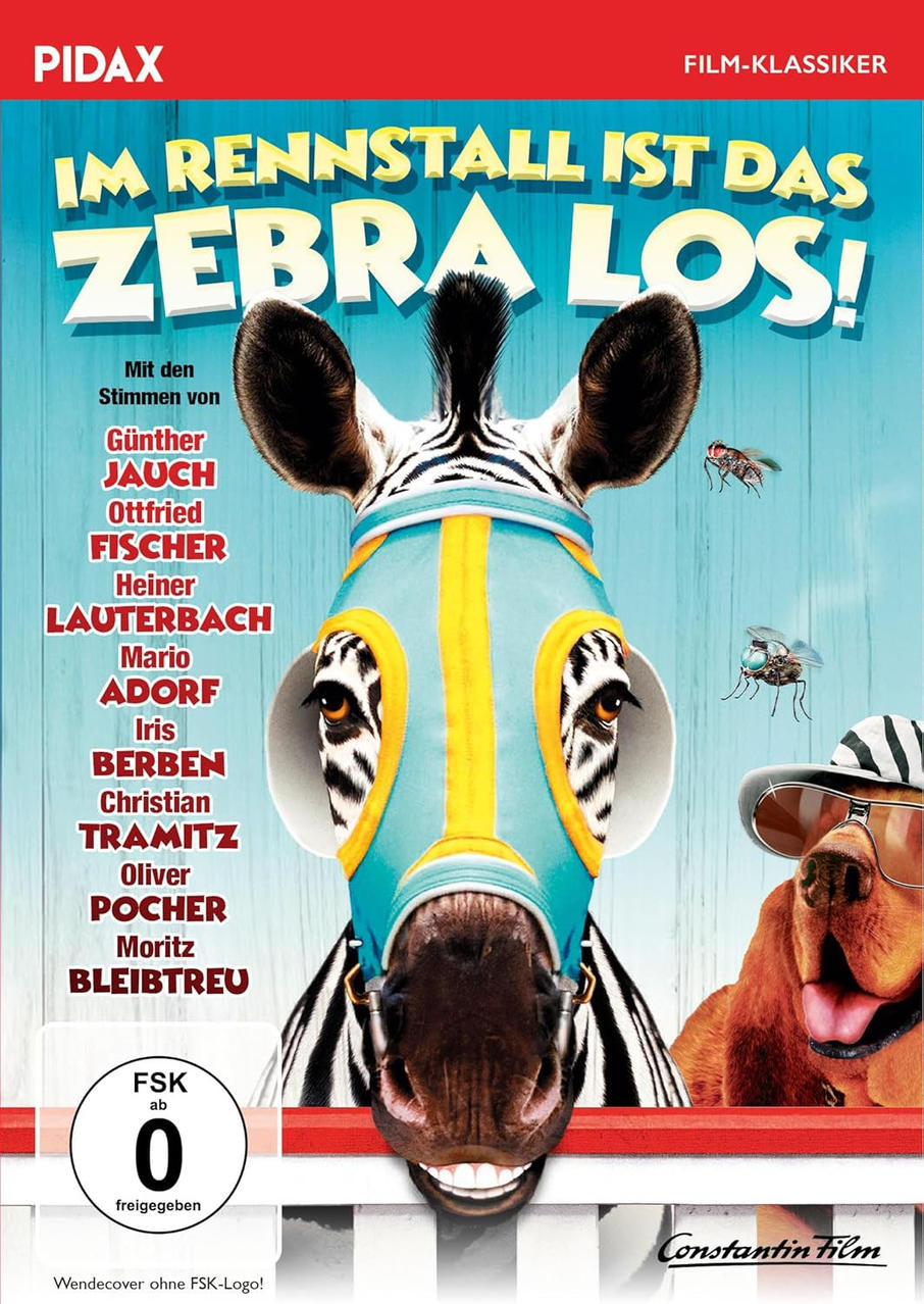 Filmplakat: Zebra mit Maske, Hund mit Sonnenbrille und zwei Fliegen. Titel: 'Im Rennstall ist das Zebra Los!'