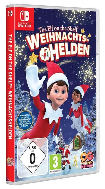 Spielbox für "The Elf on the Shelf: Weihnachtshelden". Mit Elfenfiguren, Sternenhintergrund und Spielbewertungssymbolen.