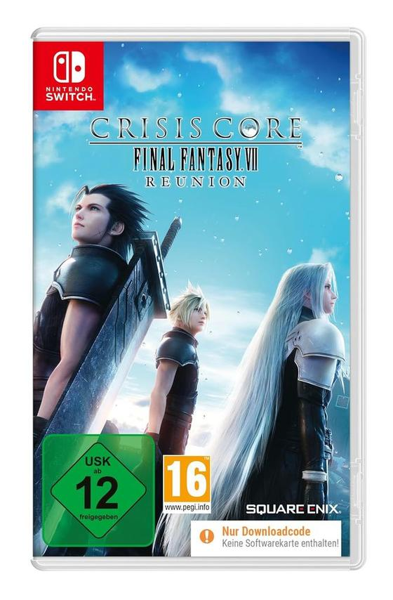 Spielcover für Crisis Core: Final Fantasy VII Reunion auf Nintendo Switch. Zeigt drei Charaktere und Spieldetails.
