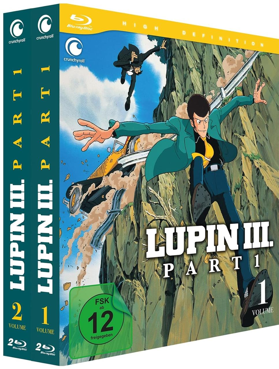 Lupin III Part 1 Blu-ray-Cover. Lupin in grüner Jacke und schwarzer Hose, springend. Auto und Figur im Hintergrund. Berg.