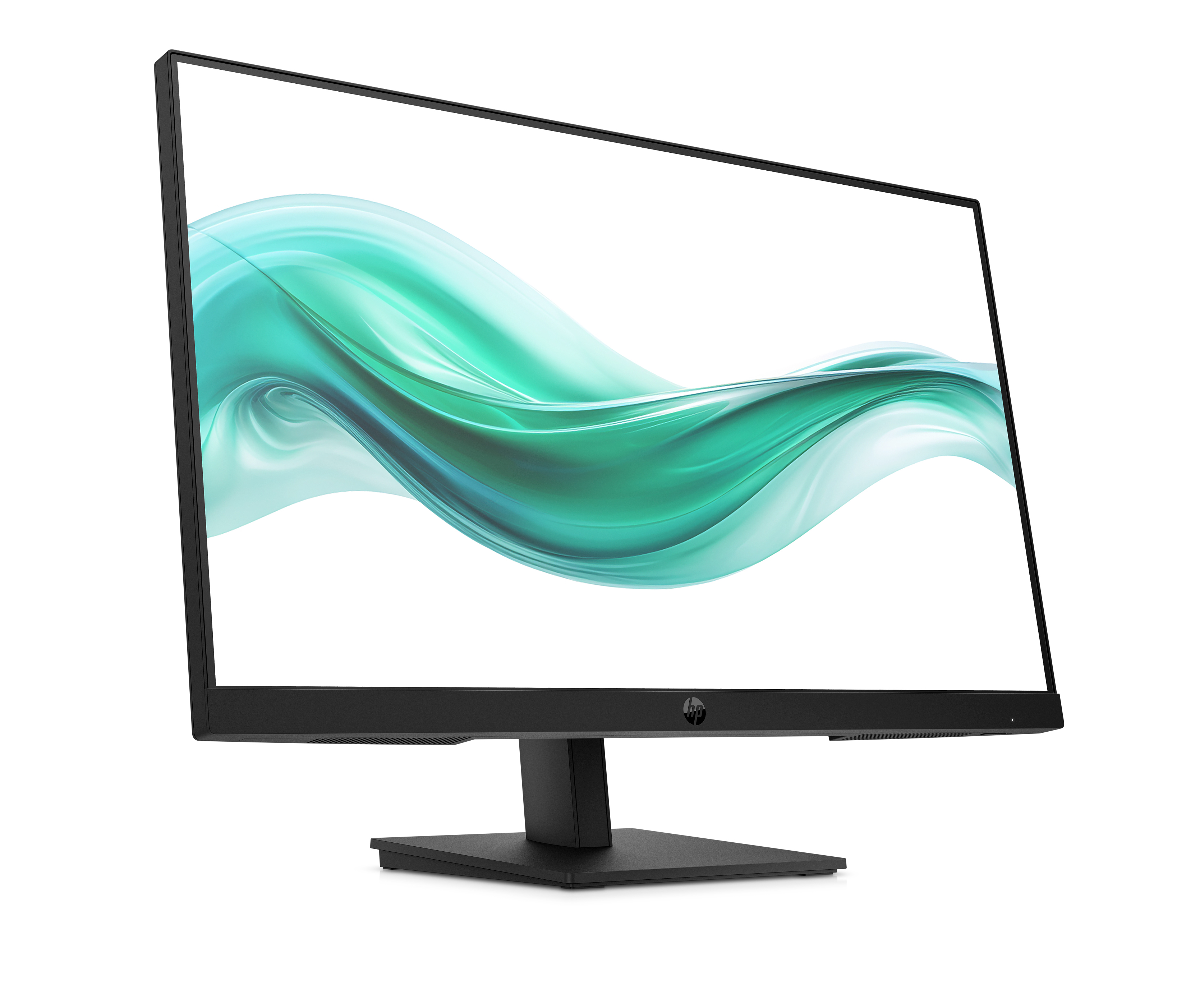 Ein schwarzer HP-Monitor zeigt ein grünes und blaues abstraktes Design vor weißem Hintergrund.