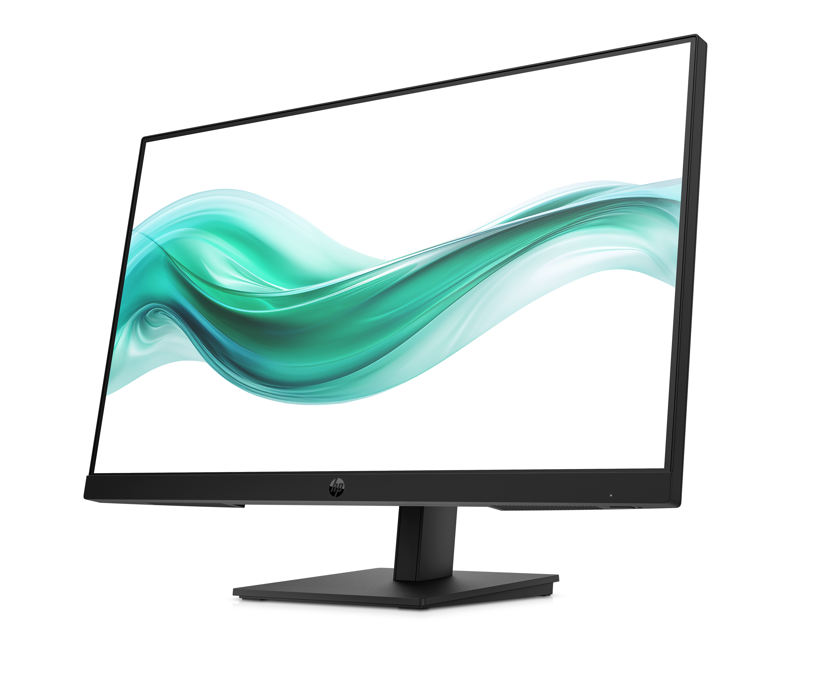 Ein schwarzer HP-Monitor mit weißem Hintergrund und einem grün-blauen Wellendesign auf dem Bildschirm.