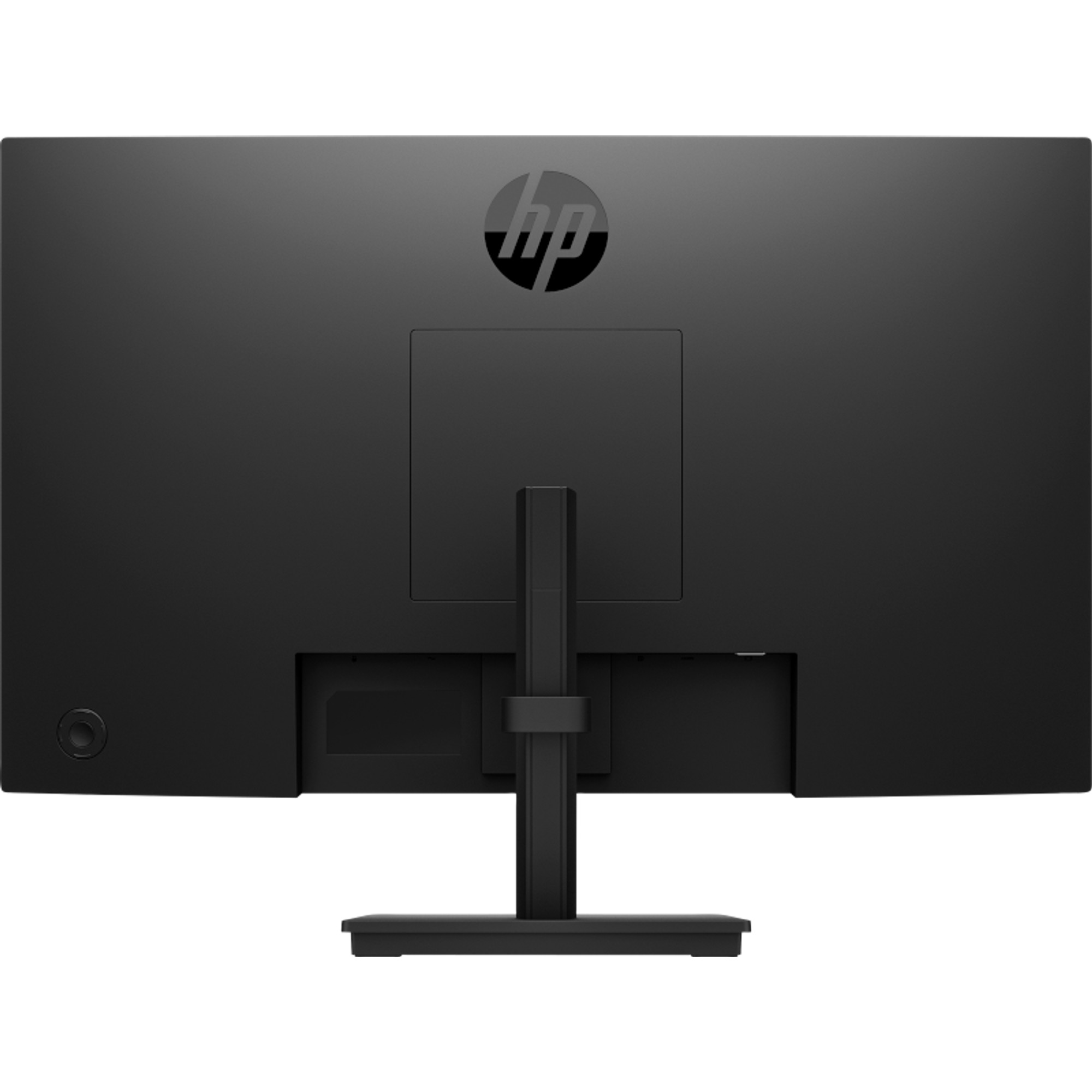 Rückansicht eines schwarzen HP-Monitors. Er hat einen Ständer, das HP-Logo und verschiedene Anschlüsse. Der Bildschirm ist schwarz und ausgeschaltet.