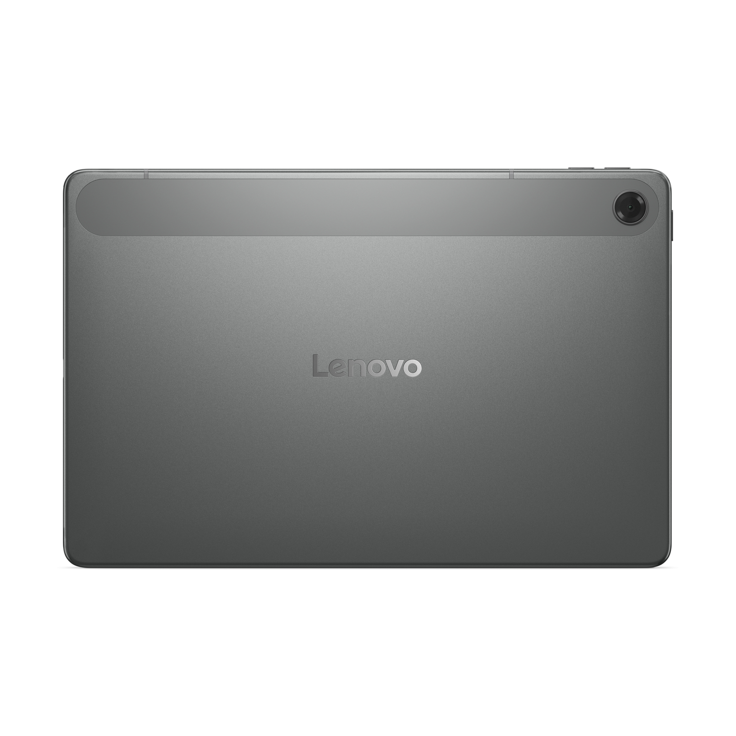 A gray Lenovo tablet back view, camera, buttons on top. Lenovo logo is in the middle. The background is plain white.