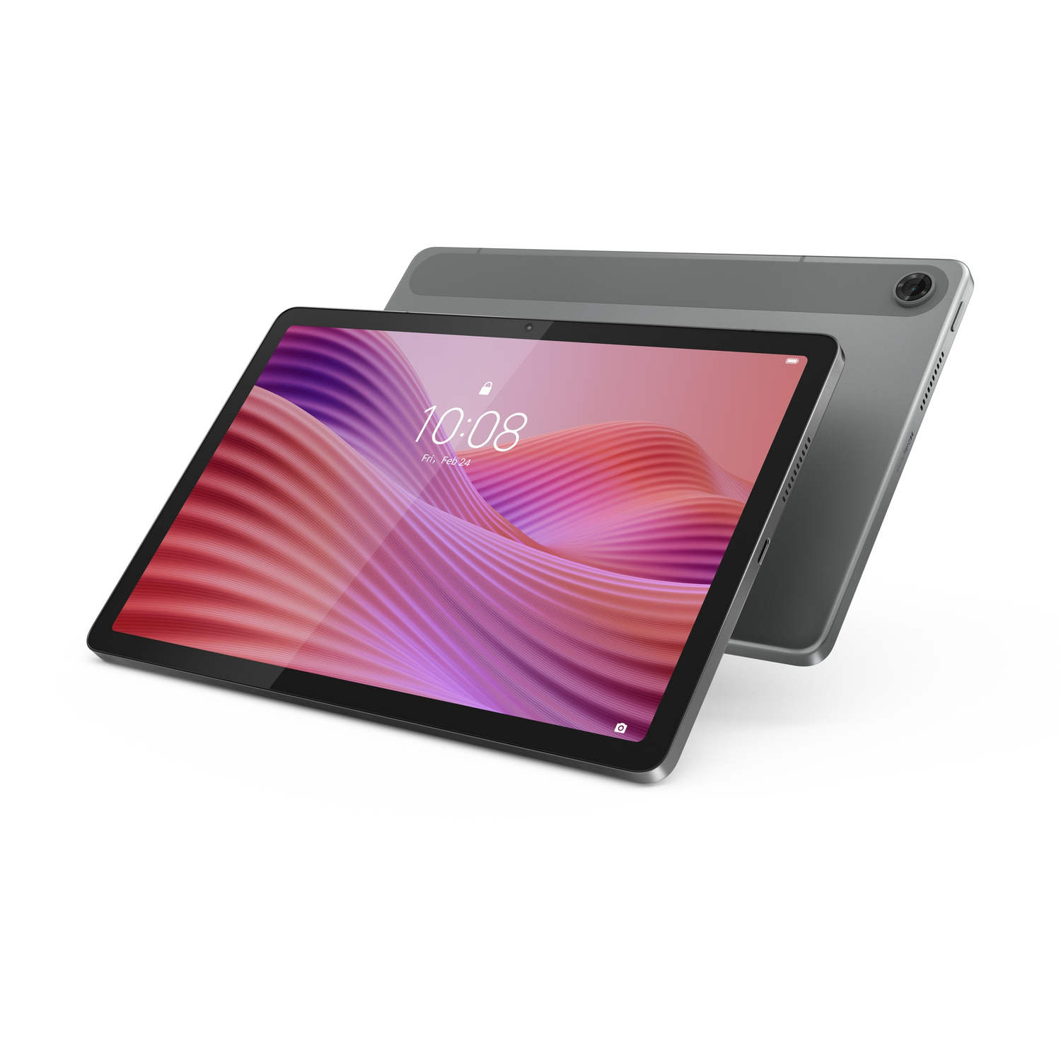 Two gray tablets on a white background. One displays the time 10:08 on a colorful wavy background. The other is partially visible.