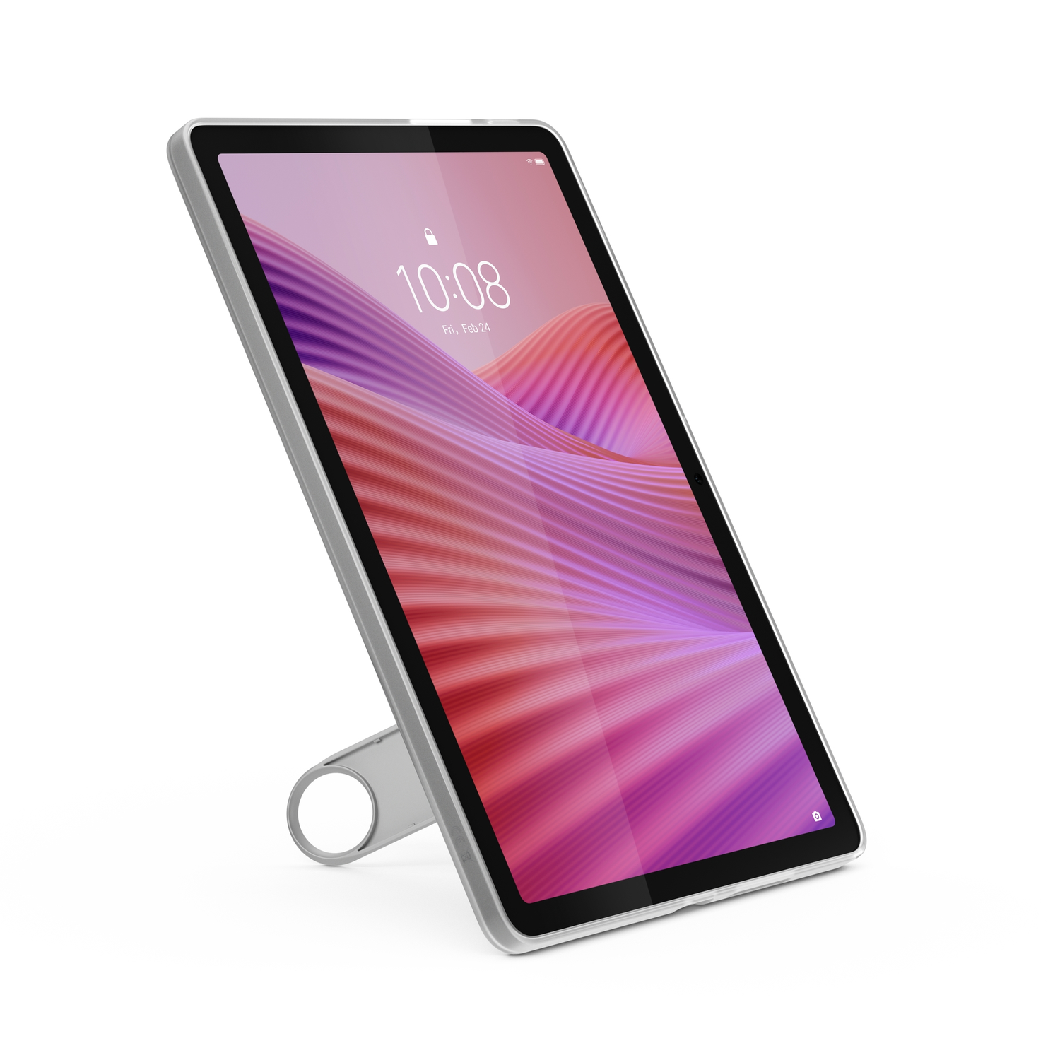 A tablet in silver frame is propped up on a stand. The screen displays a pink and purple wave-like background, showing the time.