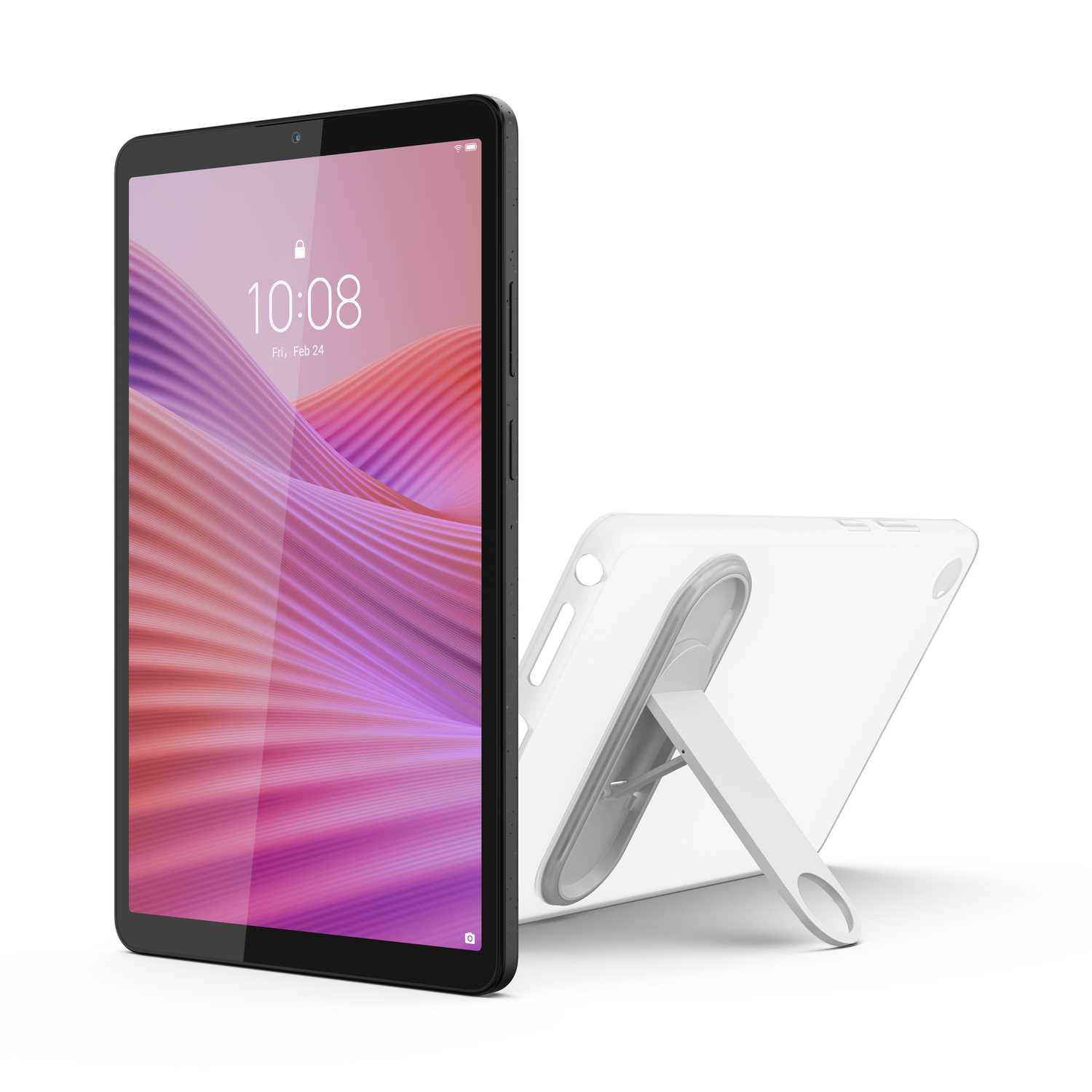 Een zwarte tablet met een felroze scherm en een witte standaard. Het scherm toont de tijd en datum.