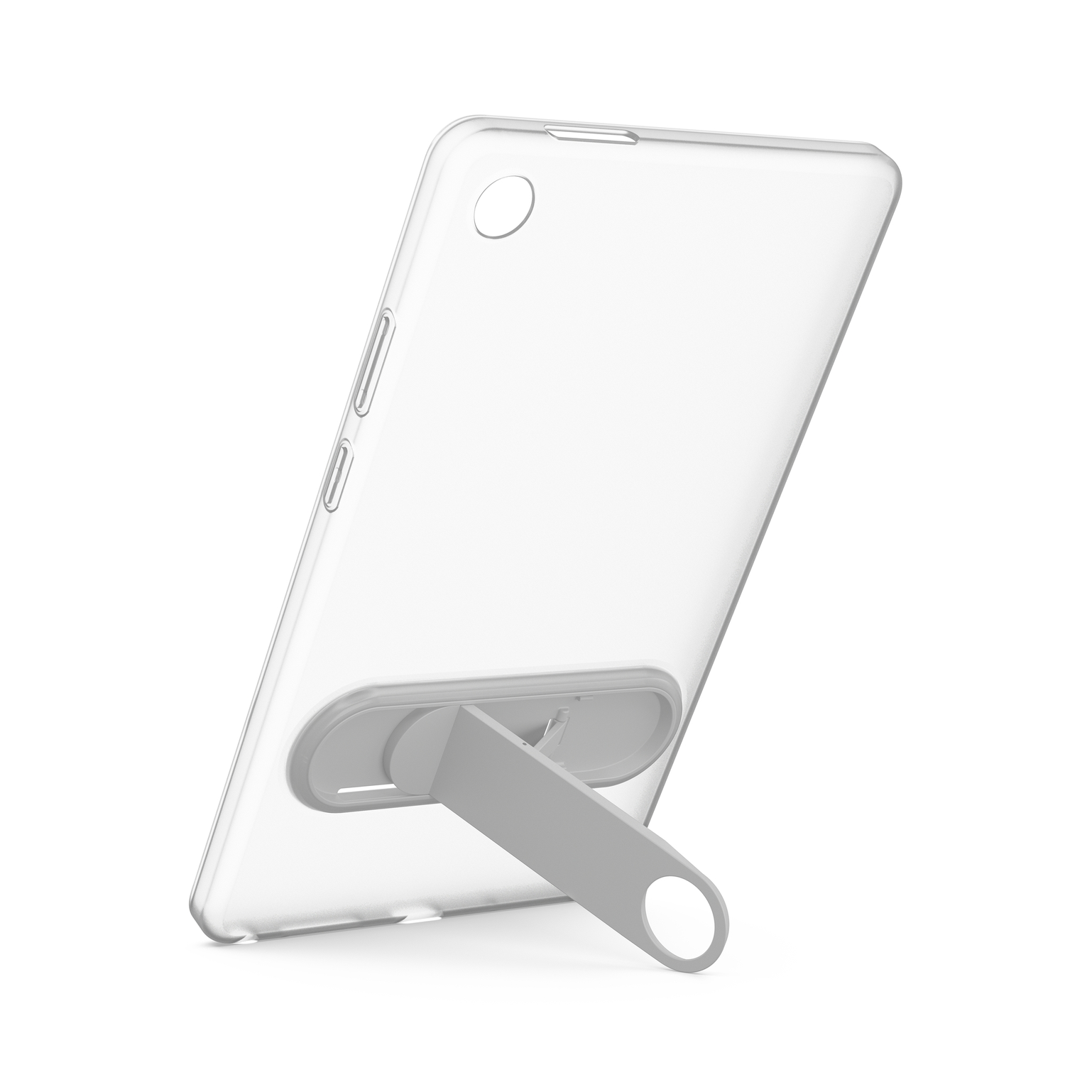 Een doorzichtige telefoonhoes met een grijze standaard. De hoes staat schuin, met de achterkant en een deel van de zijkant zichtbaar.