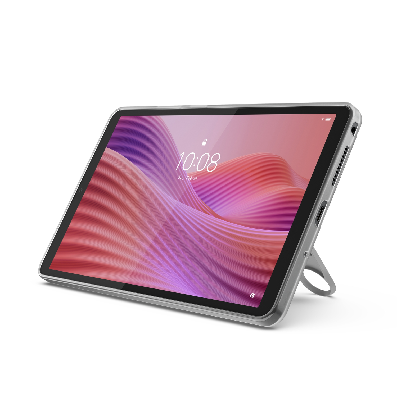 Een tablet met een scherm dat een roze en paars golfpatroon weergeeft. De tablet zit in een grijze hoes en heeft een standaard.