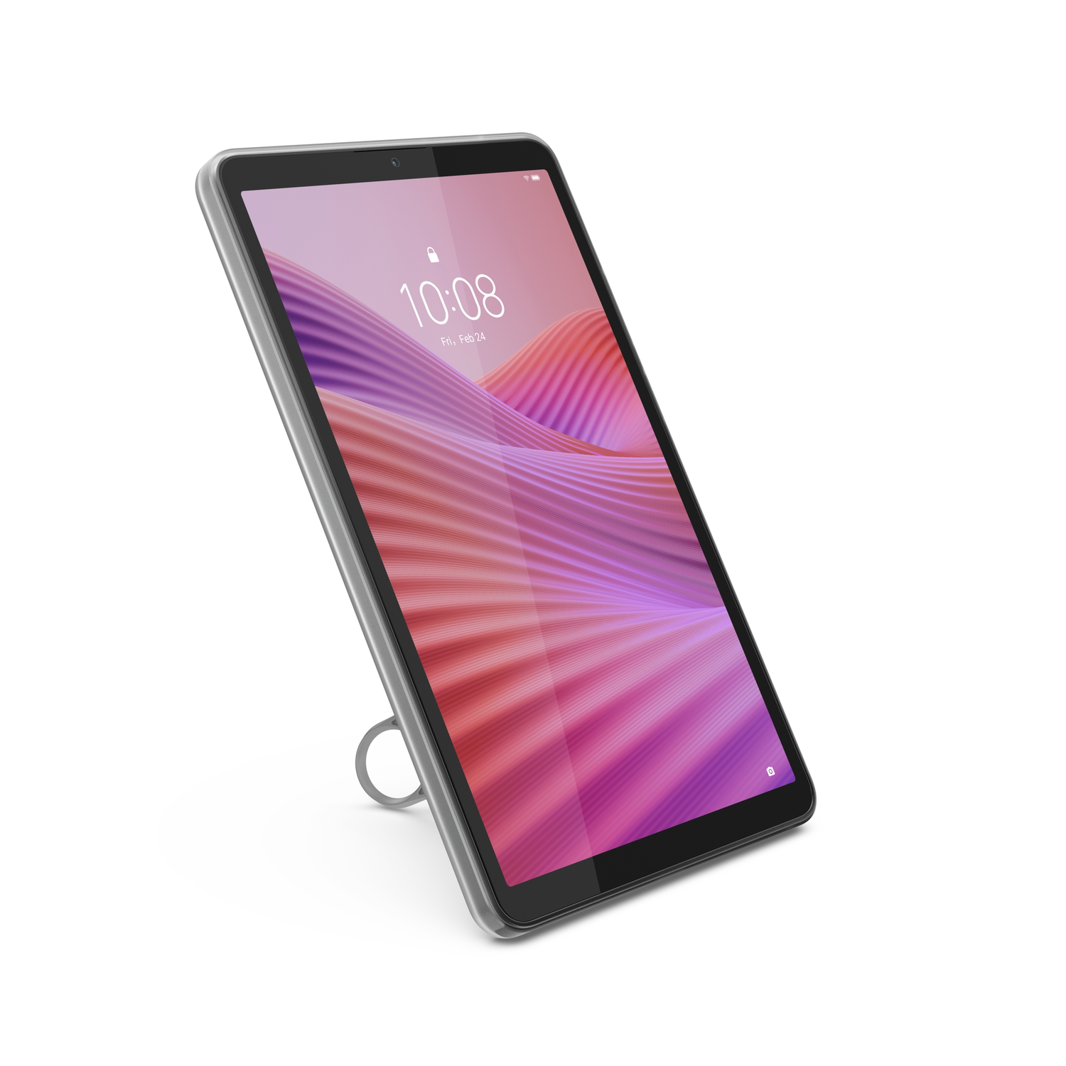 Een tablet met een roze en paars golvend scherm staat op een standaard. Het scherm geeft de tijd en datum weer.