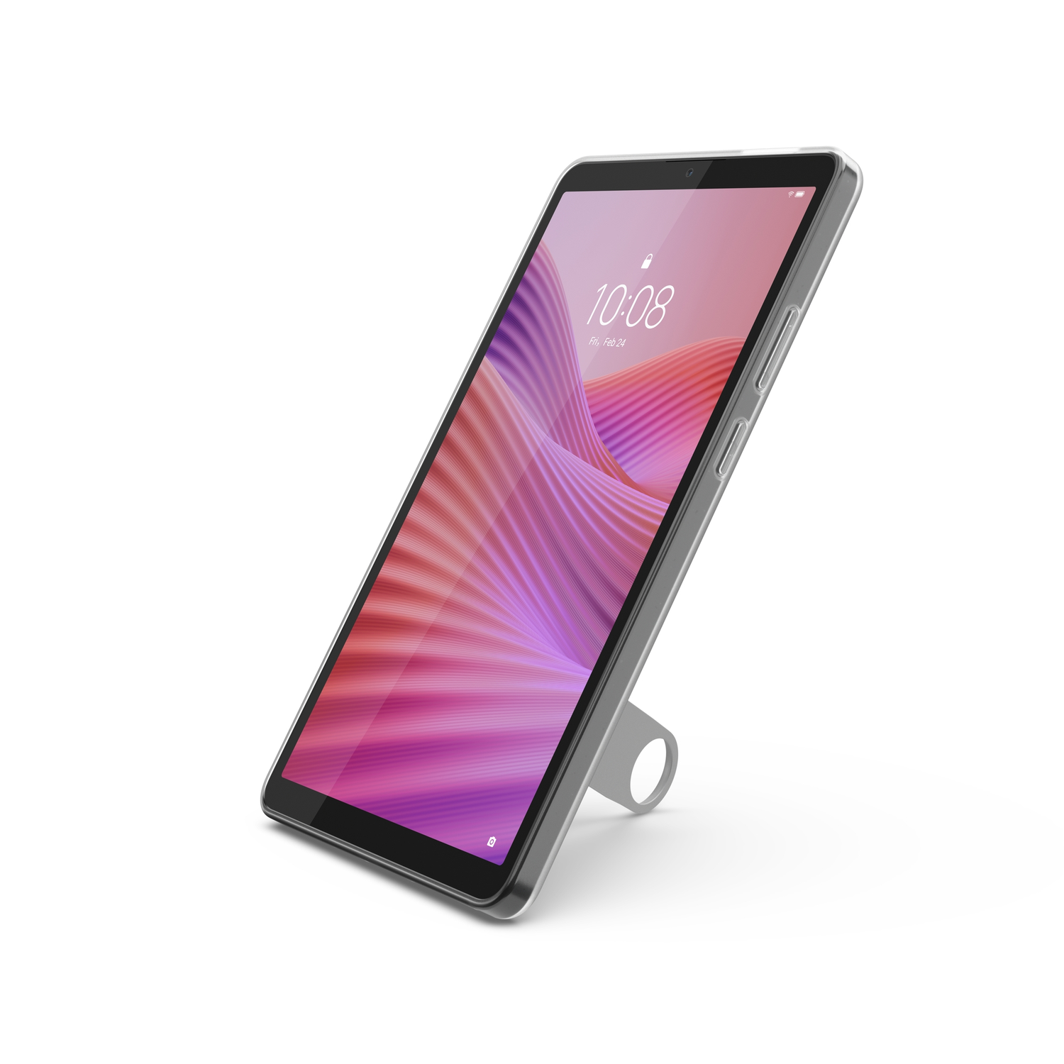 Een tablet met een roze golfpatroon op het scherm toont de tijd. Het staat op een standaard, tegen een witte achtergrond.
