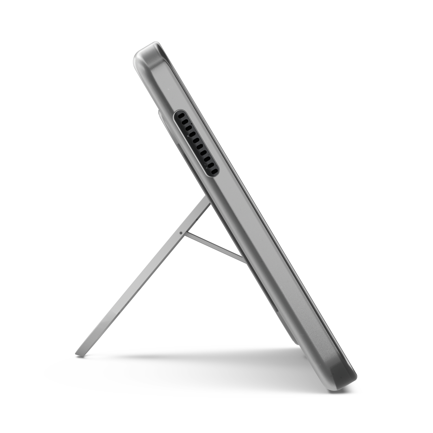 Een zilveren tablet die wordt ondersteund door een standaard. De tablet heeft een zilveren hoes met een luidspreker en standaard.