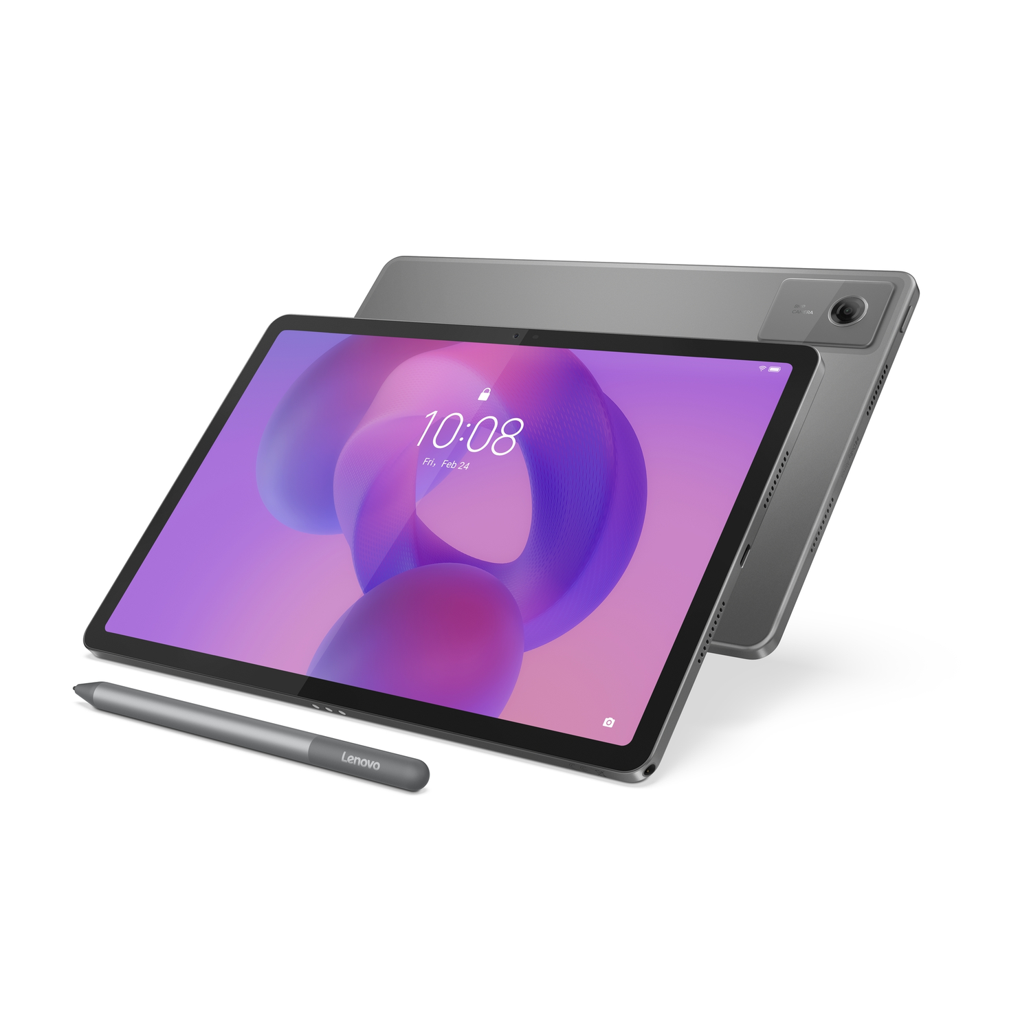 A gray Lenovo tablet with a stylus. The screen displays the time. Another tablet is behind it. All on a white background.