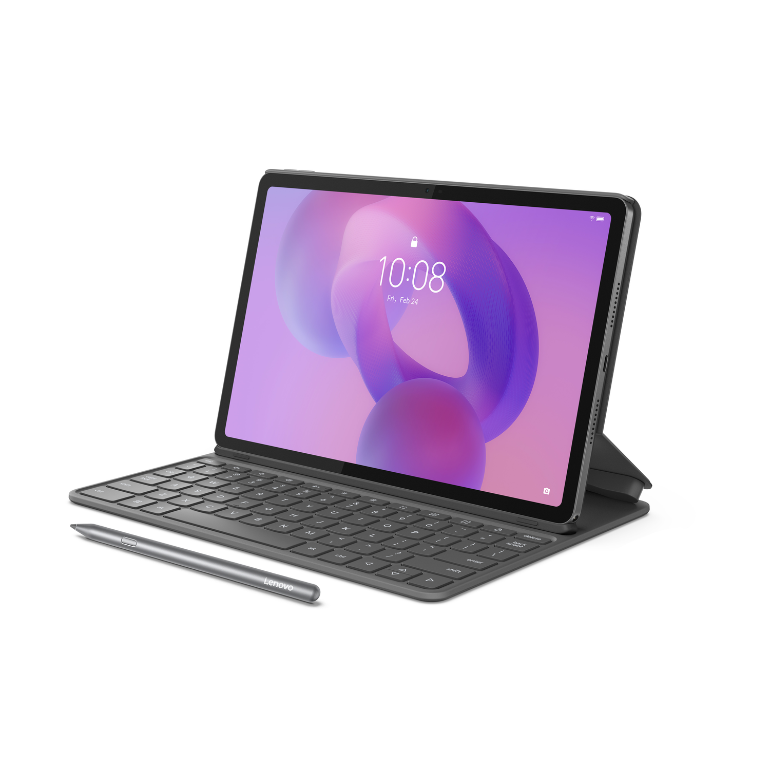 A Lenovo tablet with a keyboard and stylus. The screen displays a time and date. The setup is on a white background.