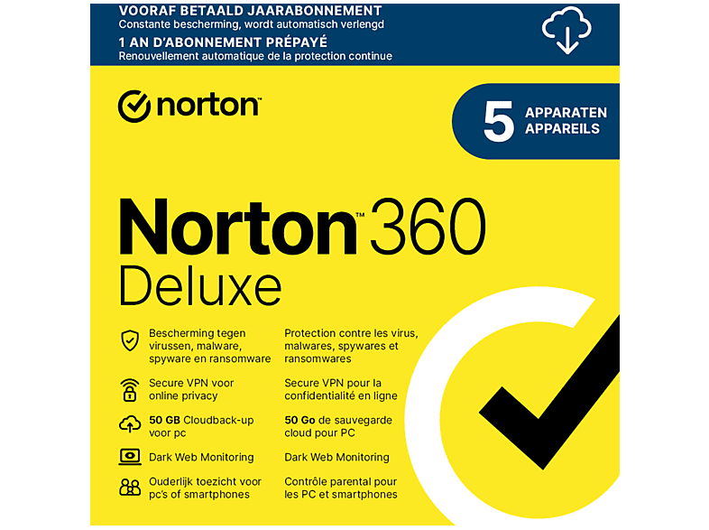 Abonnement Norton 360 Deluxe 1 an (5 appareils, 50 Go de stockage cloud)