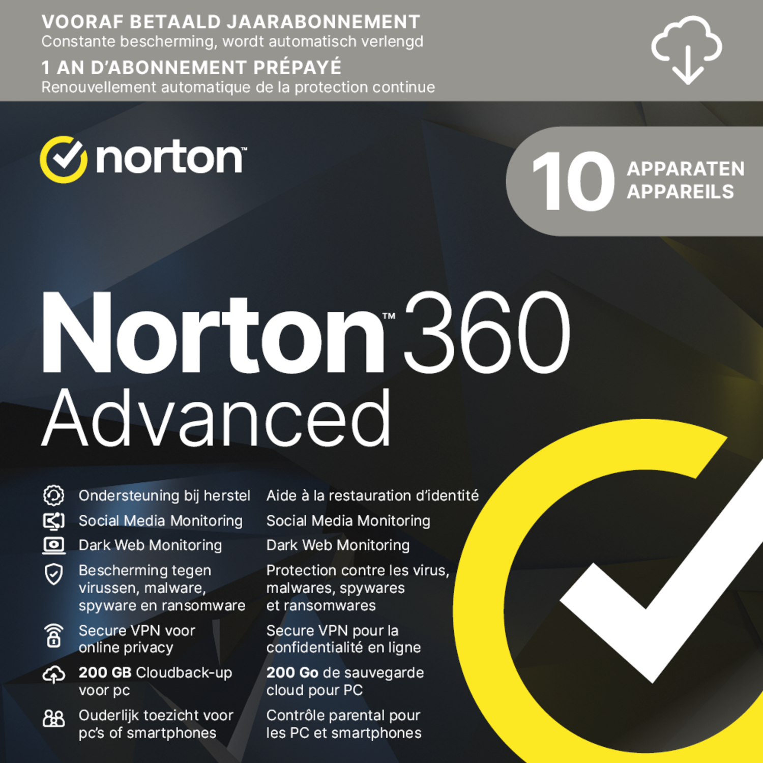 Norton 360 Advanced, vinkje logo en een lijst met functies zoals social media monitoring en bescherming tegen virussen.