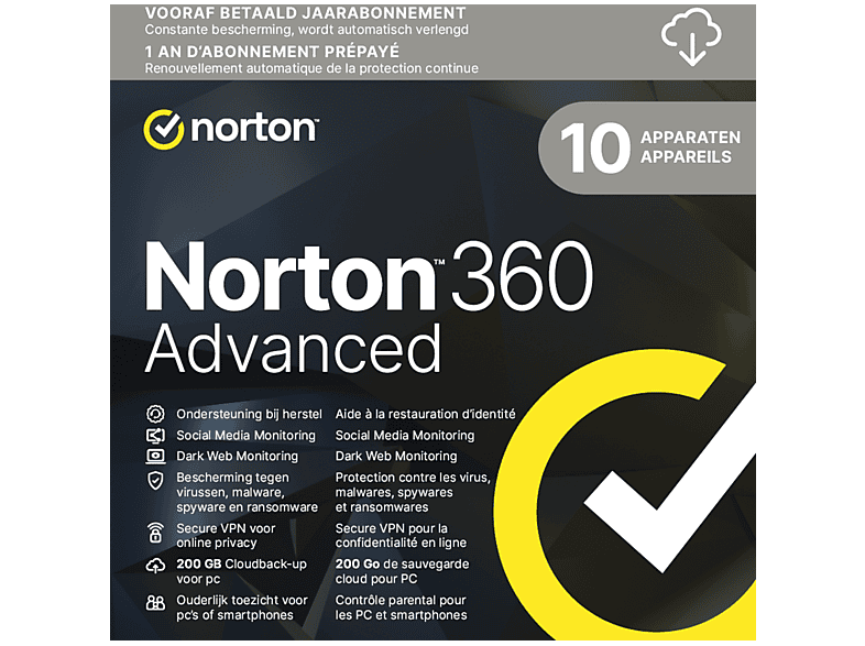 Norton 360 Advanced 1 Utilisateur, 10 Appareils, 1 An, 200 Go de stockage cloud