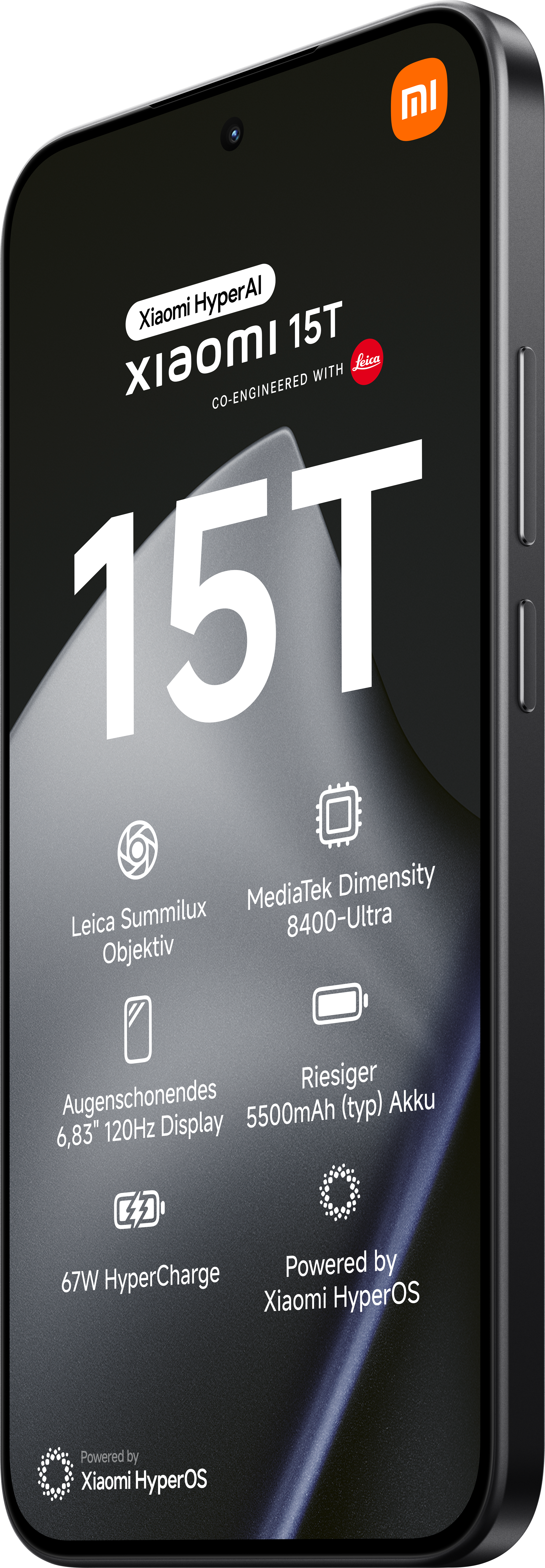Ein schwarzes Xiaomi 15T-Telefon mit aufgeführten Spezifikationen. Zu den Merkmalen gehören Leica Summilux, MediaTek Dimensity, 6,83" Display und 5500mAh Akku.