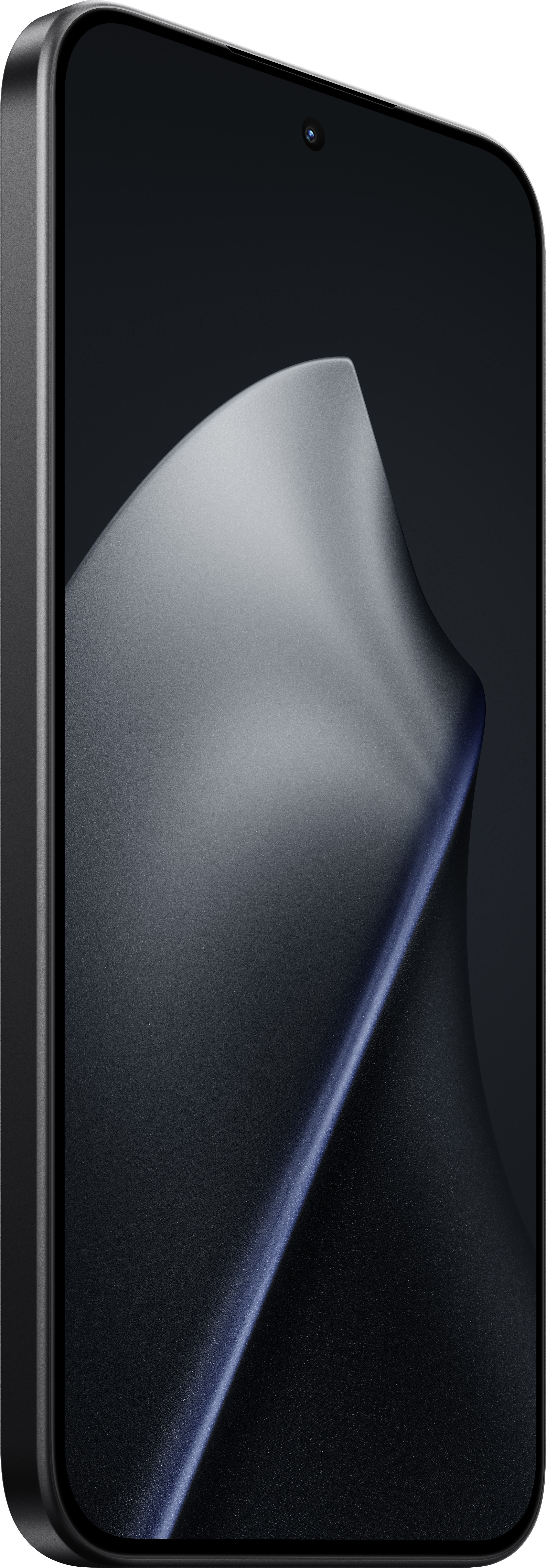 Ein schwarzes Smartphone mit dunklem, strukturiertem Hintergrund. Der Bildschirm zeigt eine verschwommene, gebogene Form mit Farbverläufen.