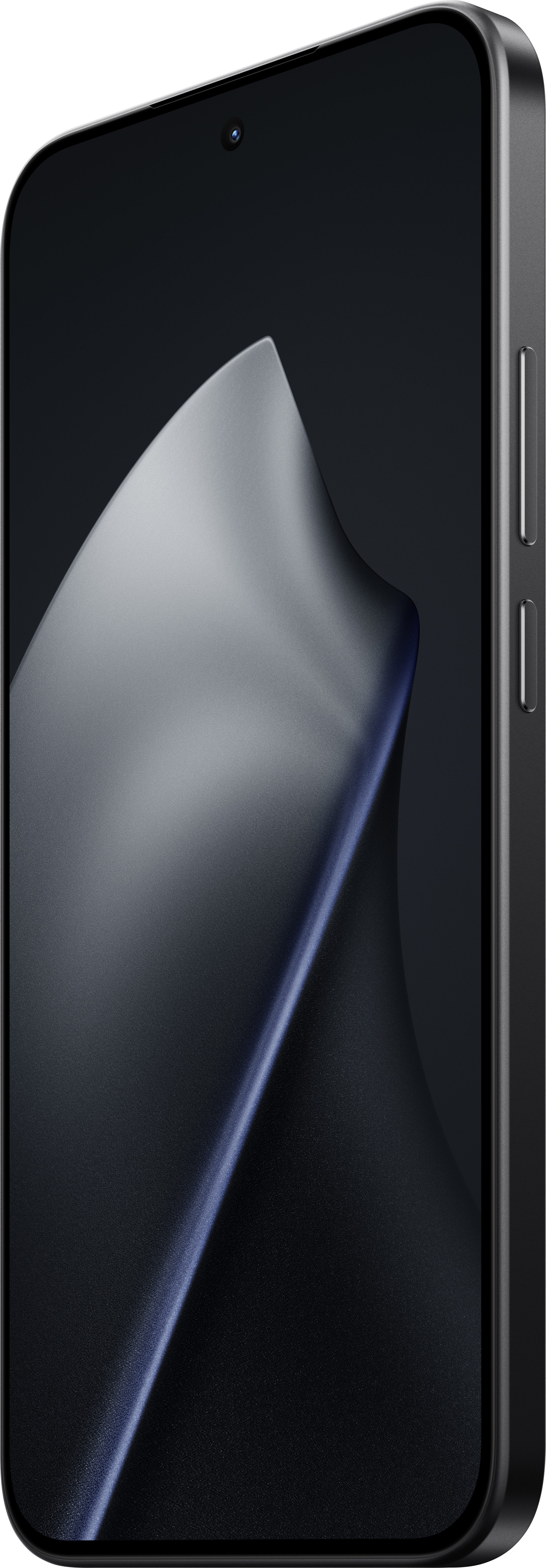 Ein schwarzes Smartphone, das nach rechts abgewinkelt ist, zeigt ein silbernes, geschwungenes Design auf seinem Bildschirm.