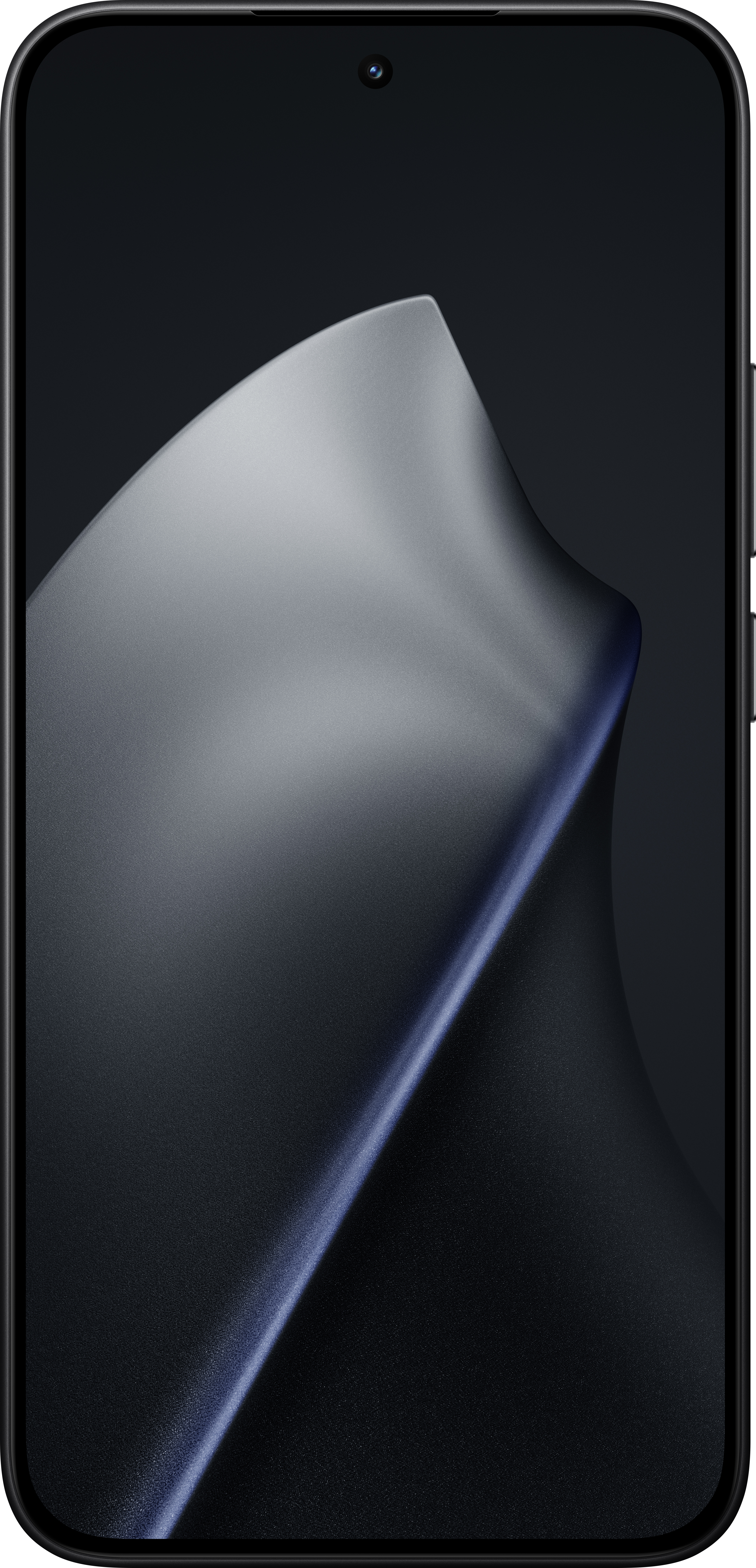 Ein Smartphone mit schwarzem Rahmen zeigt ein graues abstraktes Design. Das Telefon hat oben eine Kamera und Tasten an der Seite.