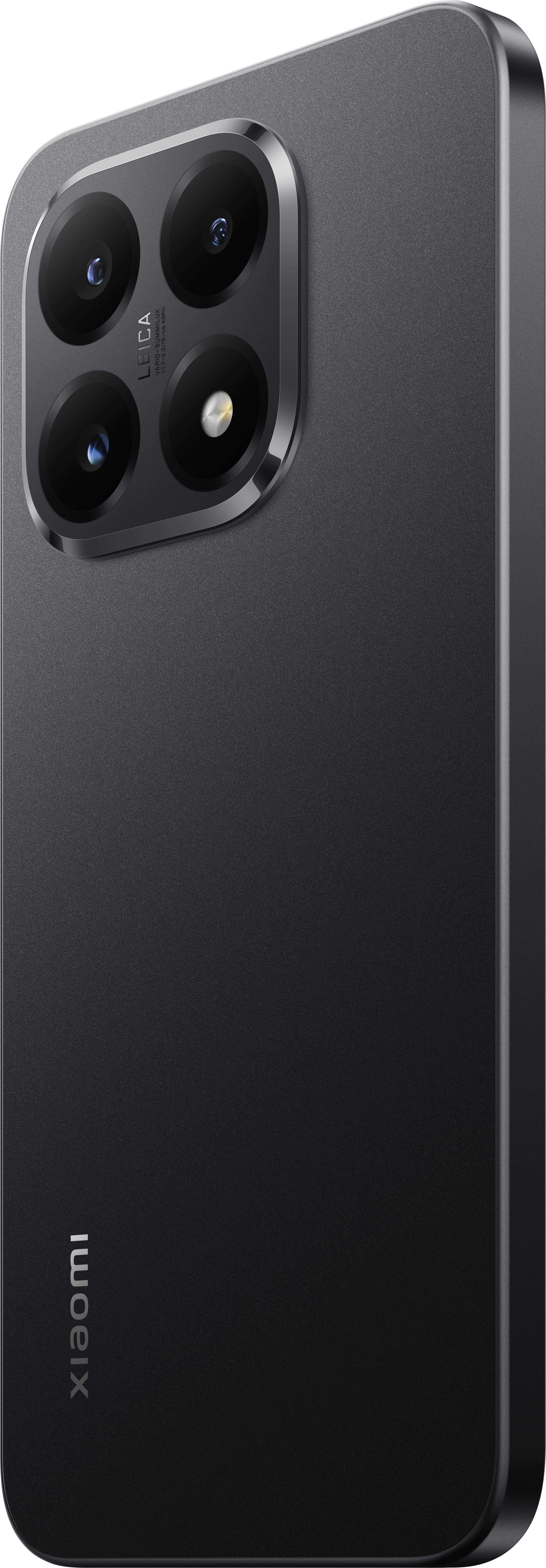 Schwarzes Smartphone mit Leica-Kameramodul. Die Rückseite des Telefons ist strukturiert. Xiaomi-Logo sichtbar. Modernes, schlankes Design.