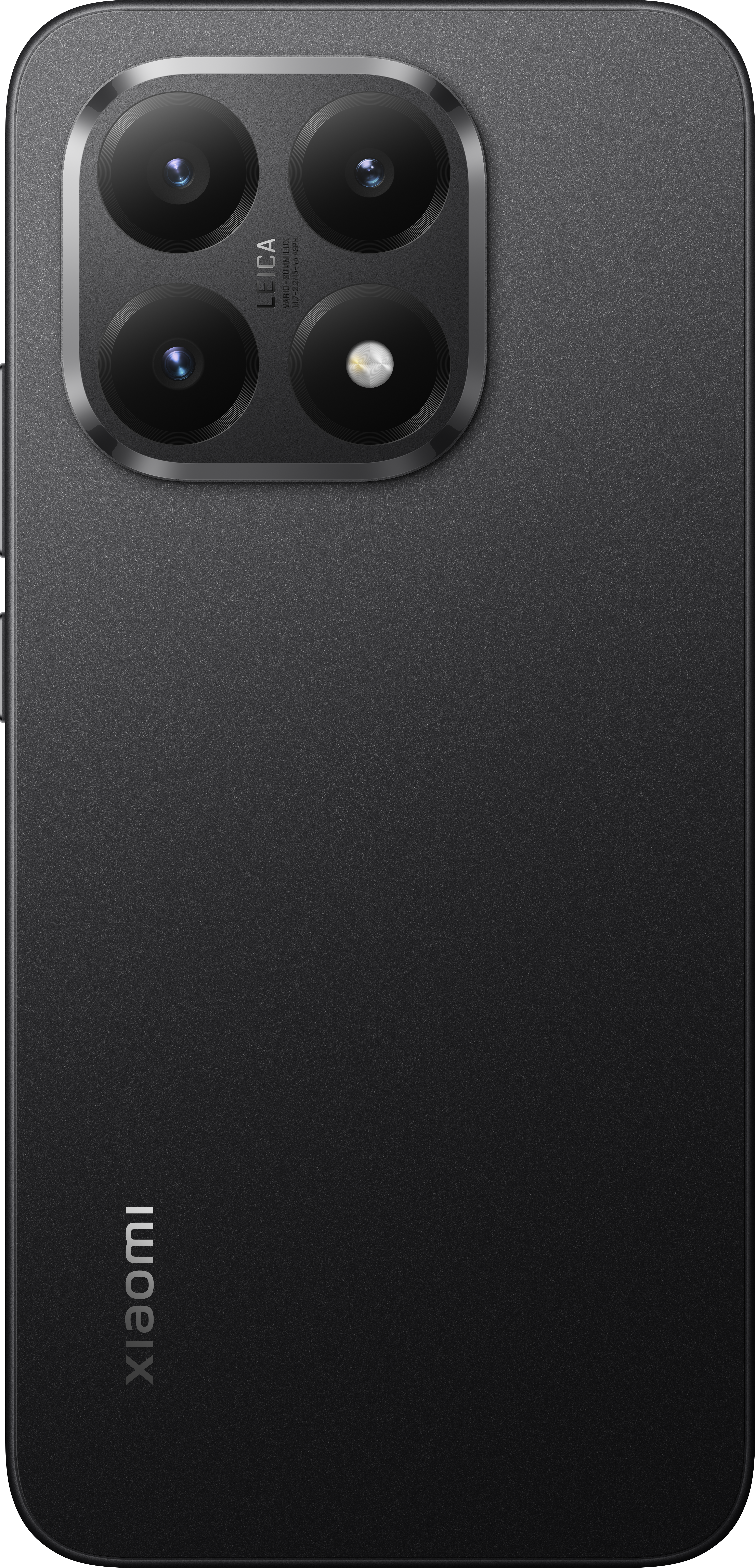 Schwarze Xiaomi-Telefonrückseite. Sie hat ein Kameramodul mit vier Objektiven und das Leica-Logo. Das Xiaomi-Logo befindet sich unten.
