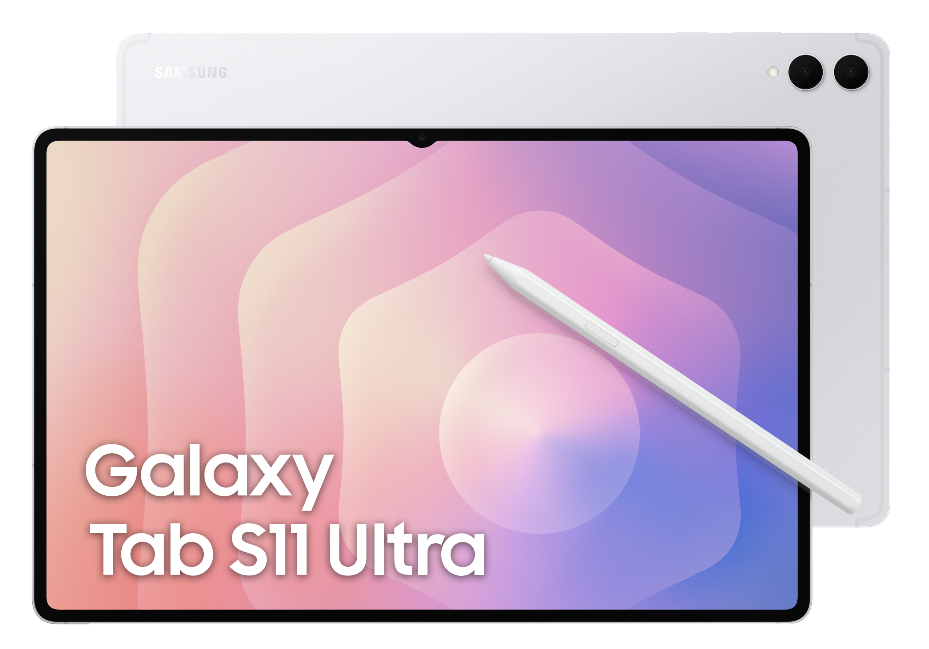 Biały tablet z rysikiem na czarnej powierzchni. Ekran wyświetla kolorowy, abstrakcyjny wzór. Tablet to Galaxy Tab S11 Ultra.