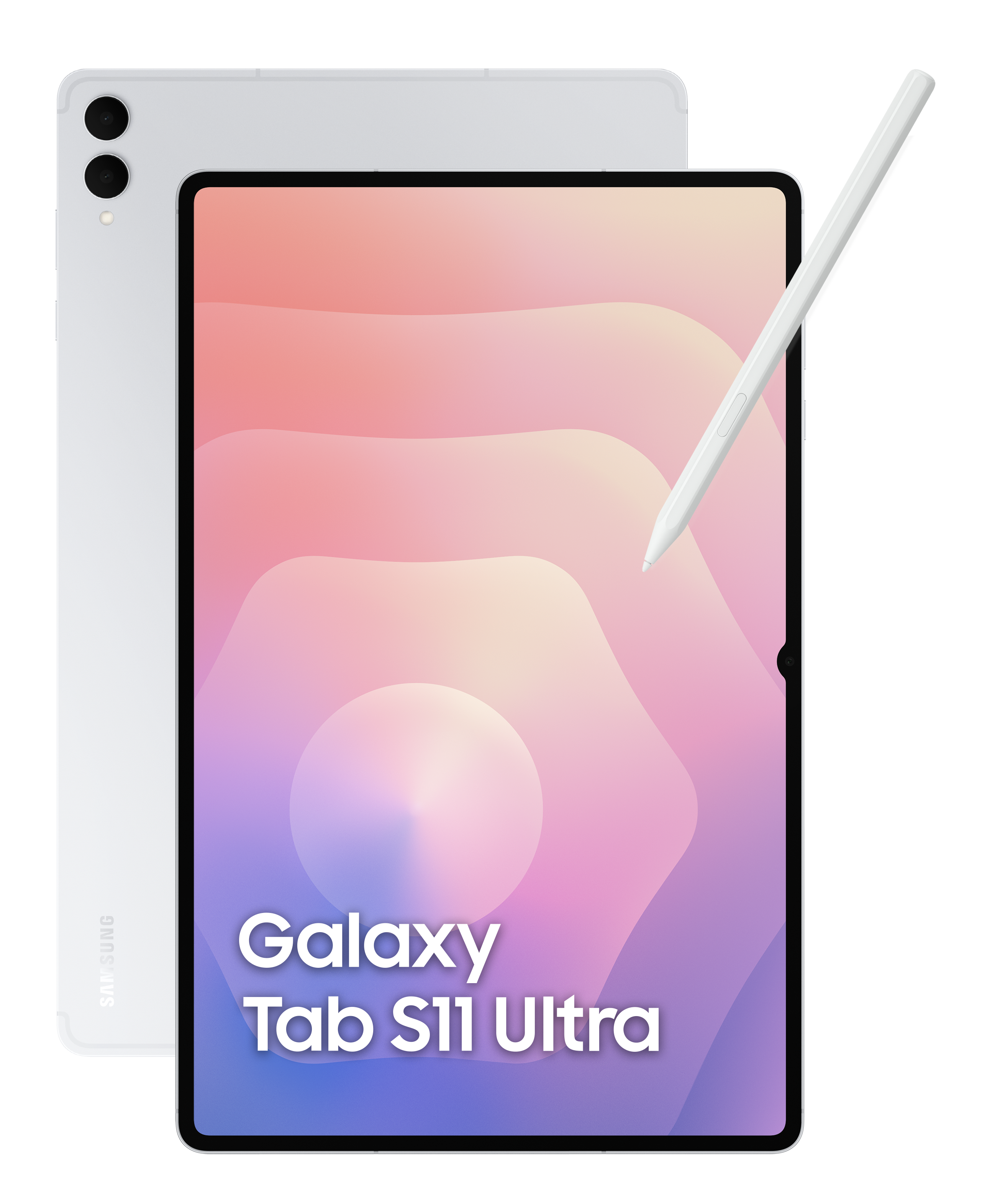 Biały tablet i rysik na czarnym tle. Tablet wyświetla napis 'Galaxy Tab S11 Ultra'.