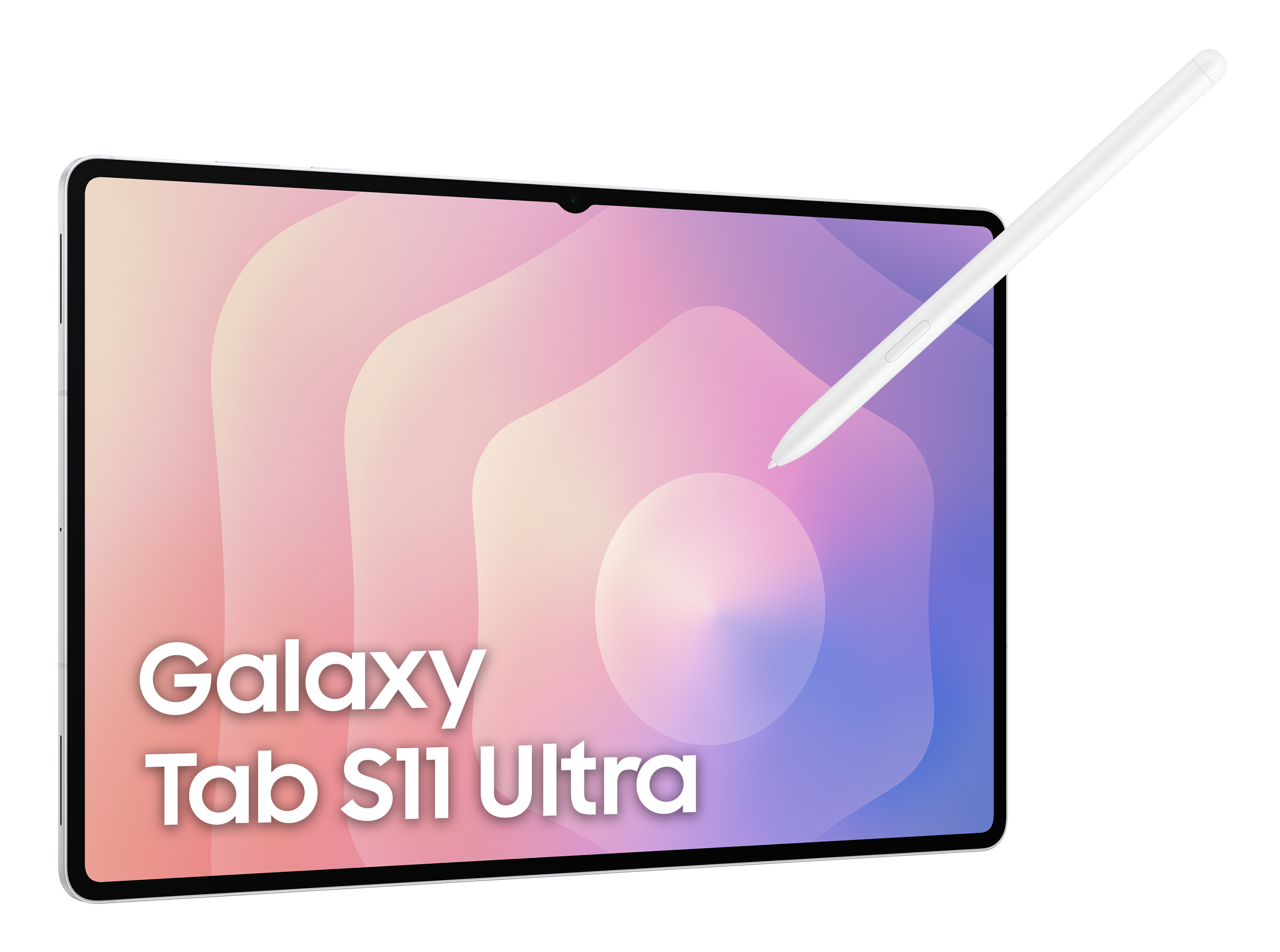 Tablet z rysikiem na czarnym tle. Tablet ma gradientowy wyświetlacz z tekstem: Galaxy Tab S11 Ultra.