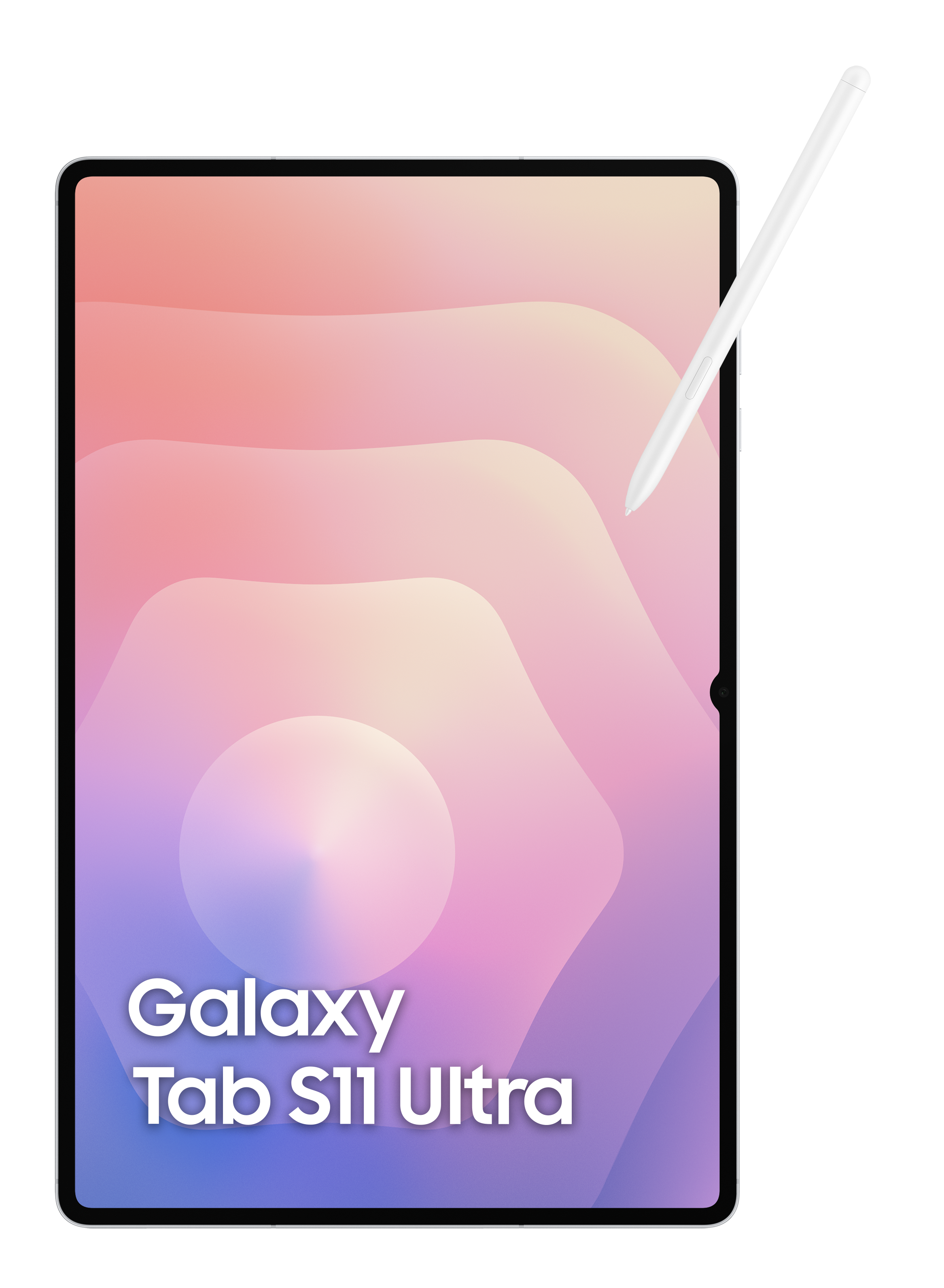 Tablet z gradientowym ekranem, białym rysikiem i napisem 'Galaxy Tab S11 Ultra' na czarnym tle.