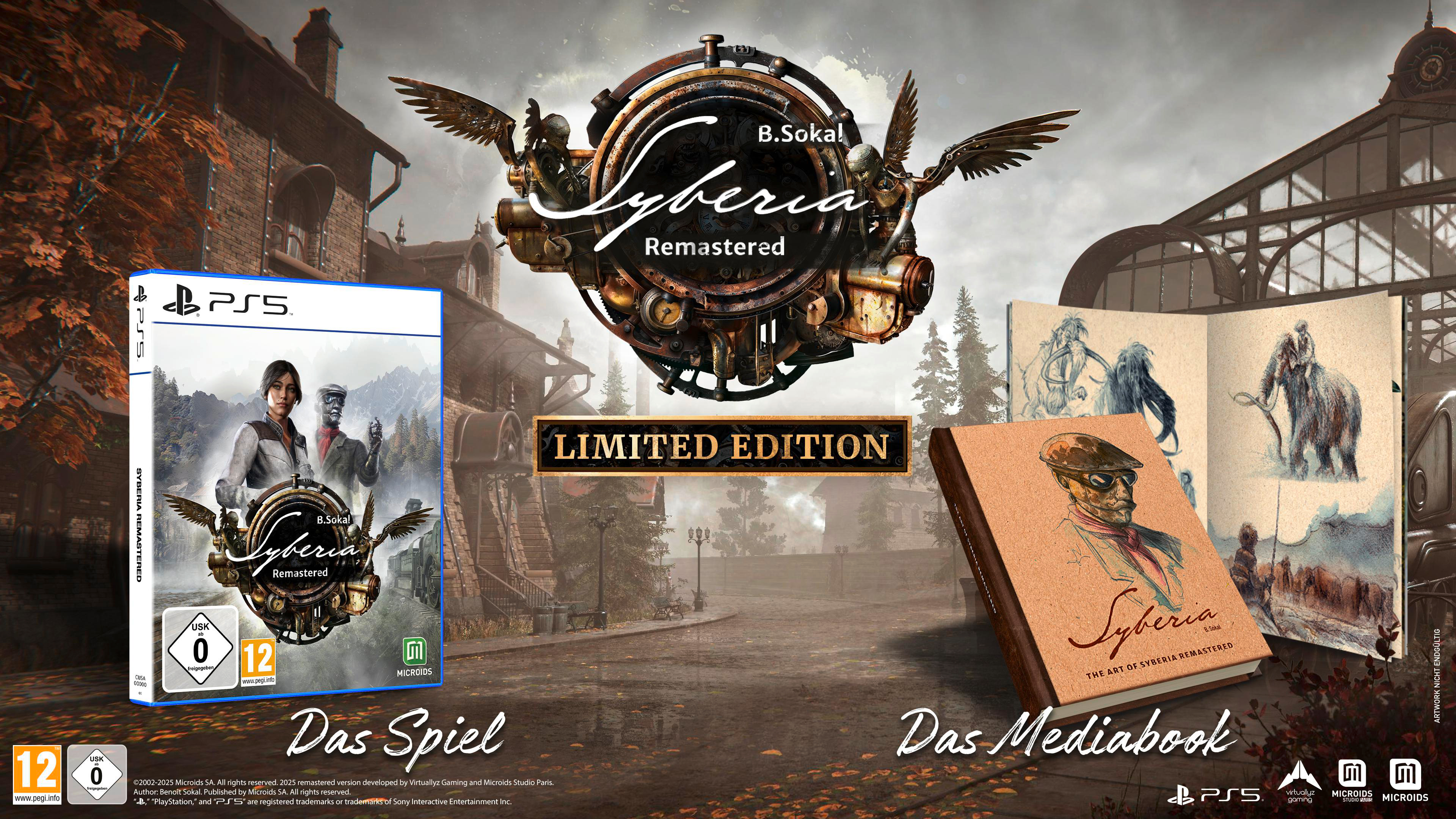 Syberia Remastered Limited Edition. Enthält PS5-Spiel, Artbook und Skizzen vor industriellem Hintergrund.